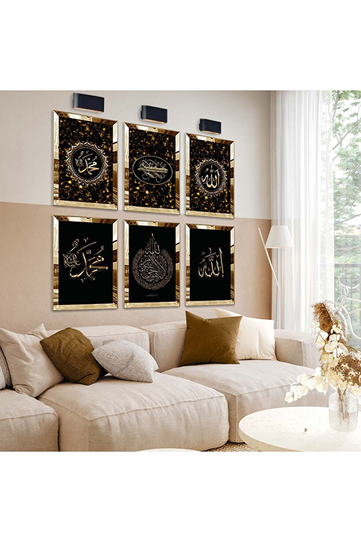 Gold Aynalı Pleksi Çerçeveli Besmele Ve Allah Lafzı Dini Model Altılı Mdf Tablo Seti