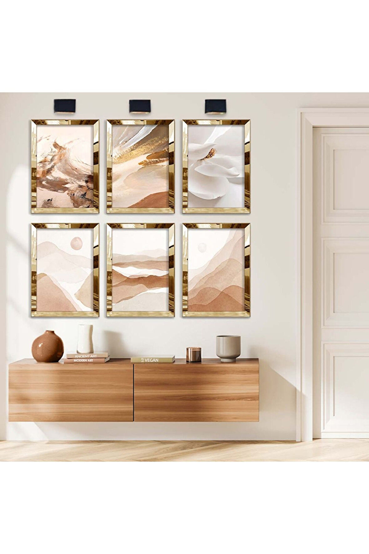 Gümüş Aynalı Pleksi Çerçeveli Beyaz Çiçek Ve Kolaj Çizim Altılı Mdf Tablo Seti