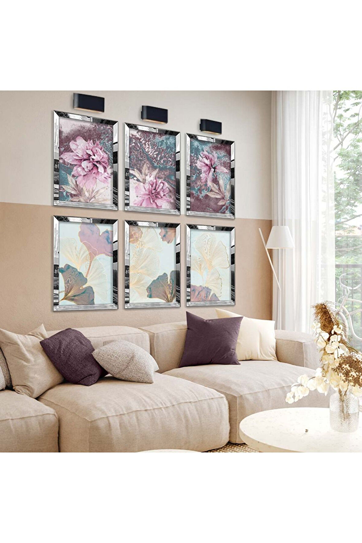 Gümüş Aynalı Pleksi Çerçeveli Modern Çizim Çiçek Desen Altılı Mdf Tablo Seti