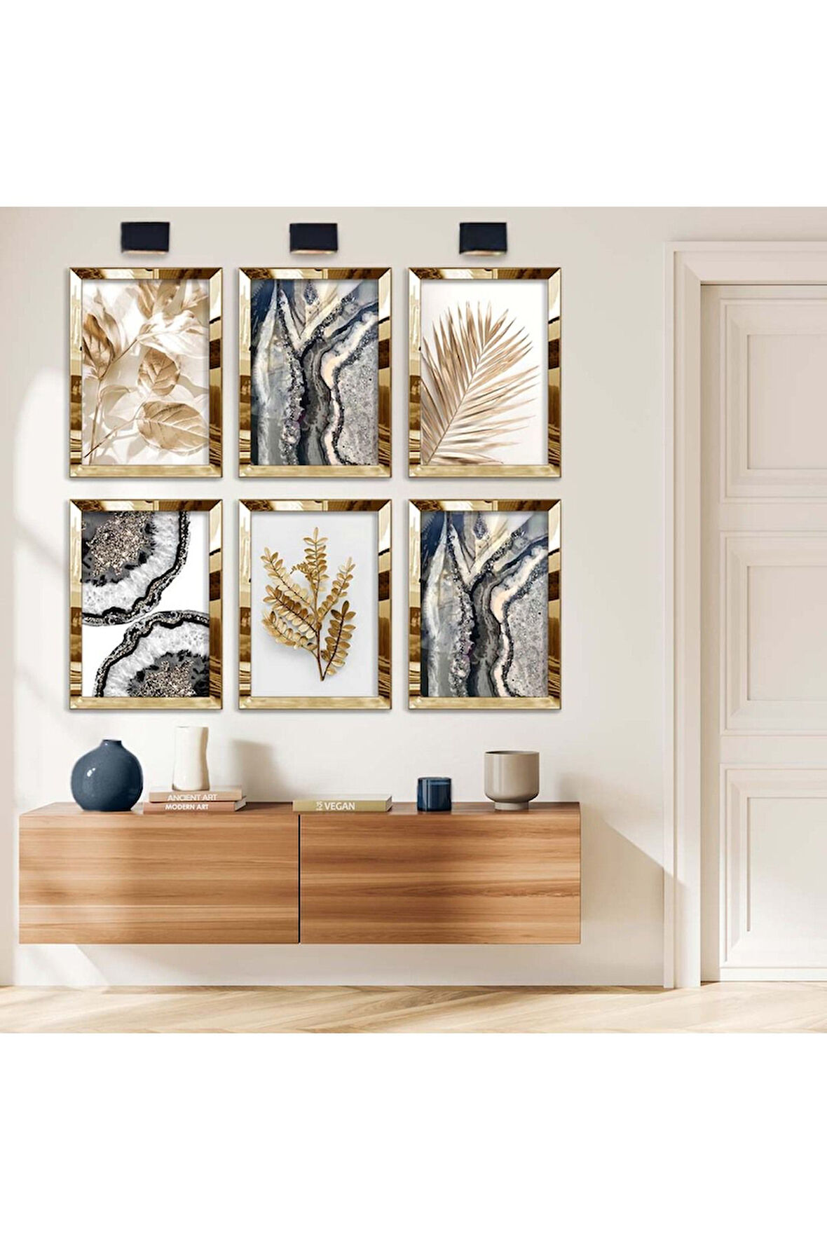 Gümüş Aynalı Pleksi Çerçeveli Gold Dallar Altılı Mdf Tablo Seti