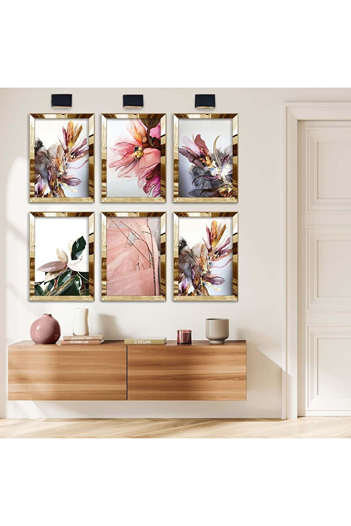 Gümüş Aynalı Pleksi Çerçeveli Renkli Çiçekler Modern Çizim Altılı Mdf Tablo Seti