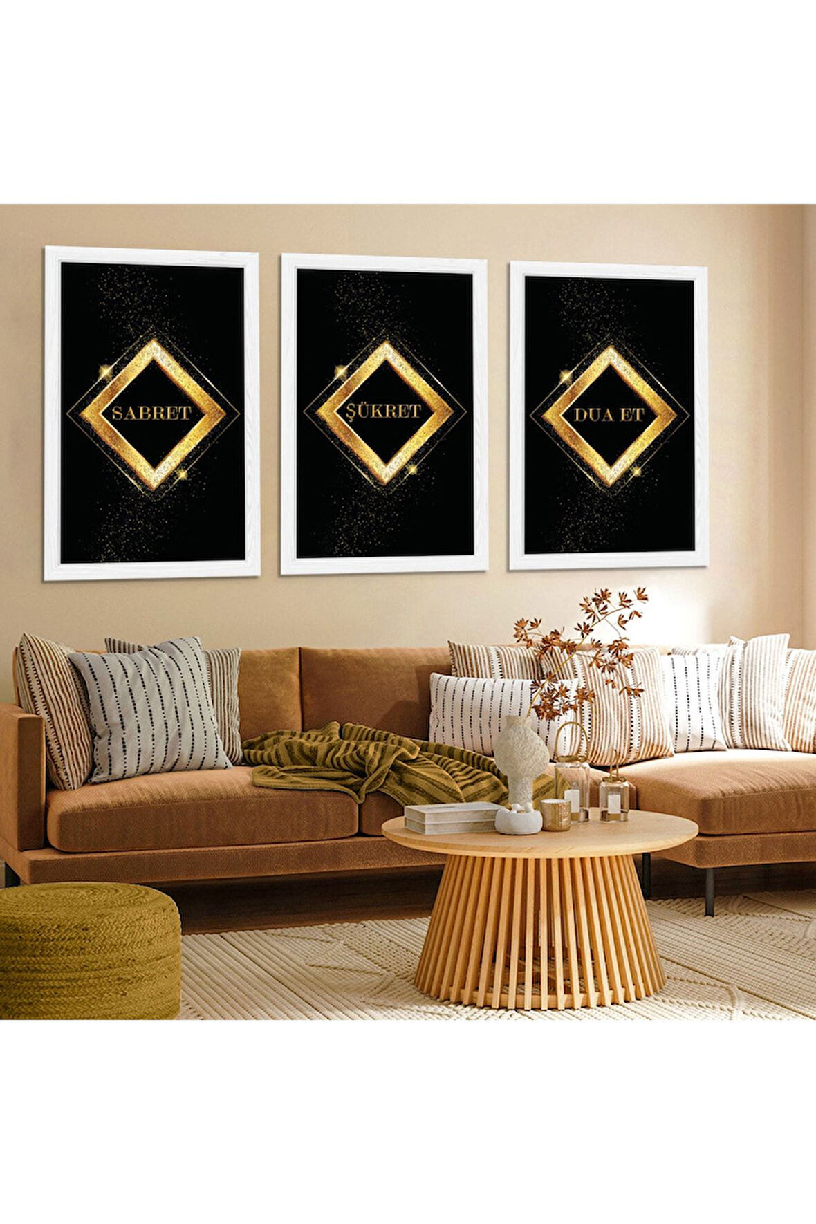 Beyaz Ahşap Çerçeveli Sabret Şükret Dua Et Tablo