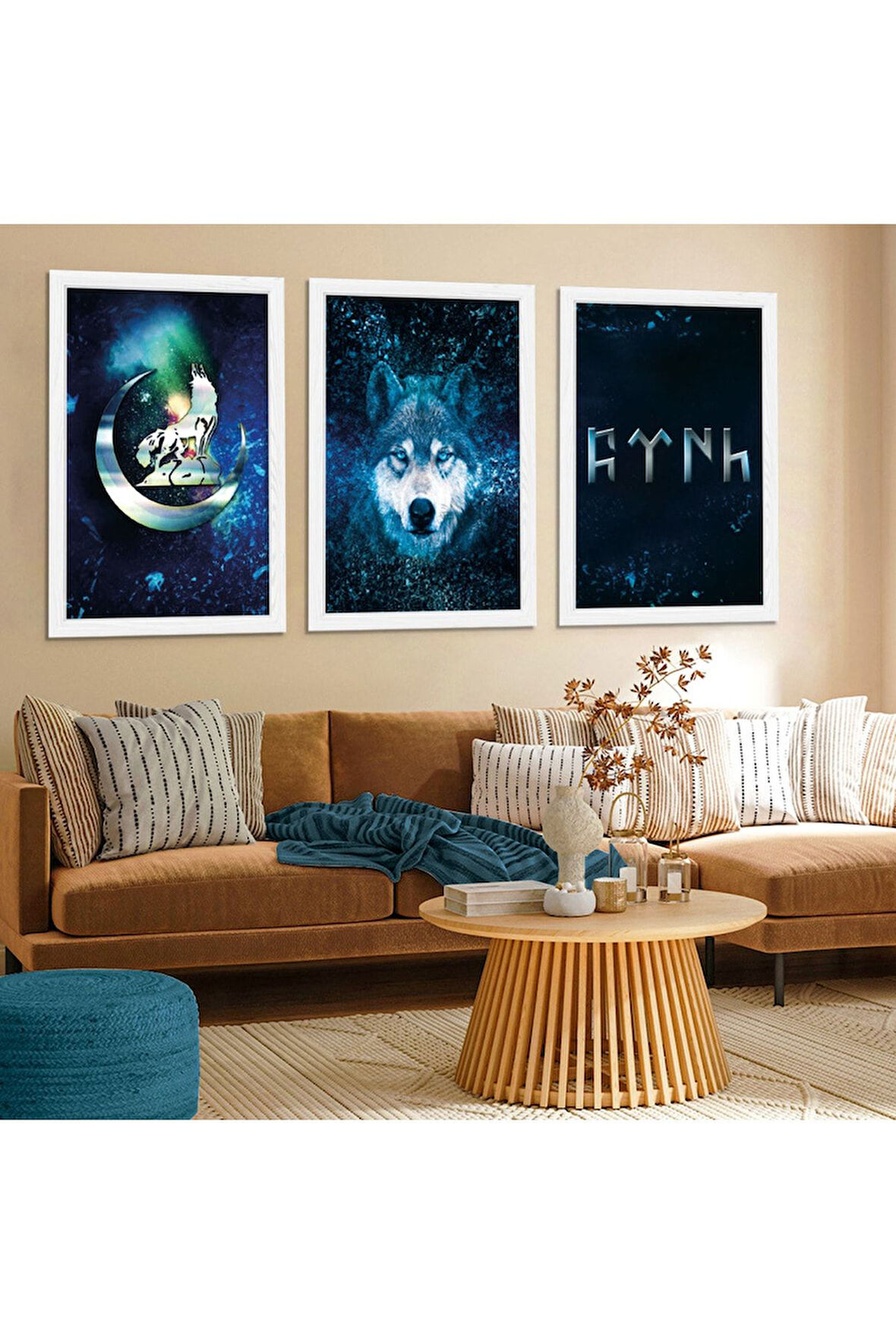 Beyaz Ahşap Çerçeveli Bozkurt Göktürk Tablosu