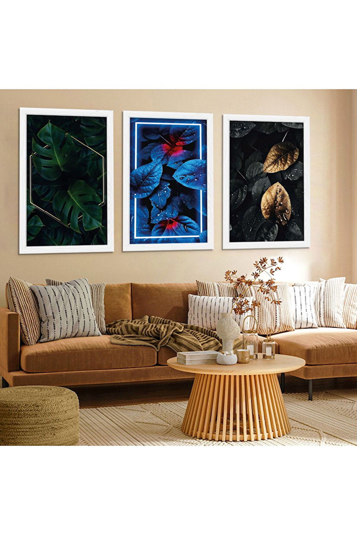 Beyaz Ahşap Çerçeveli Mavi Yeşil Yaprak Tablo