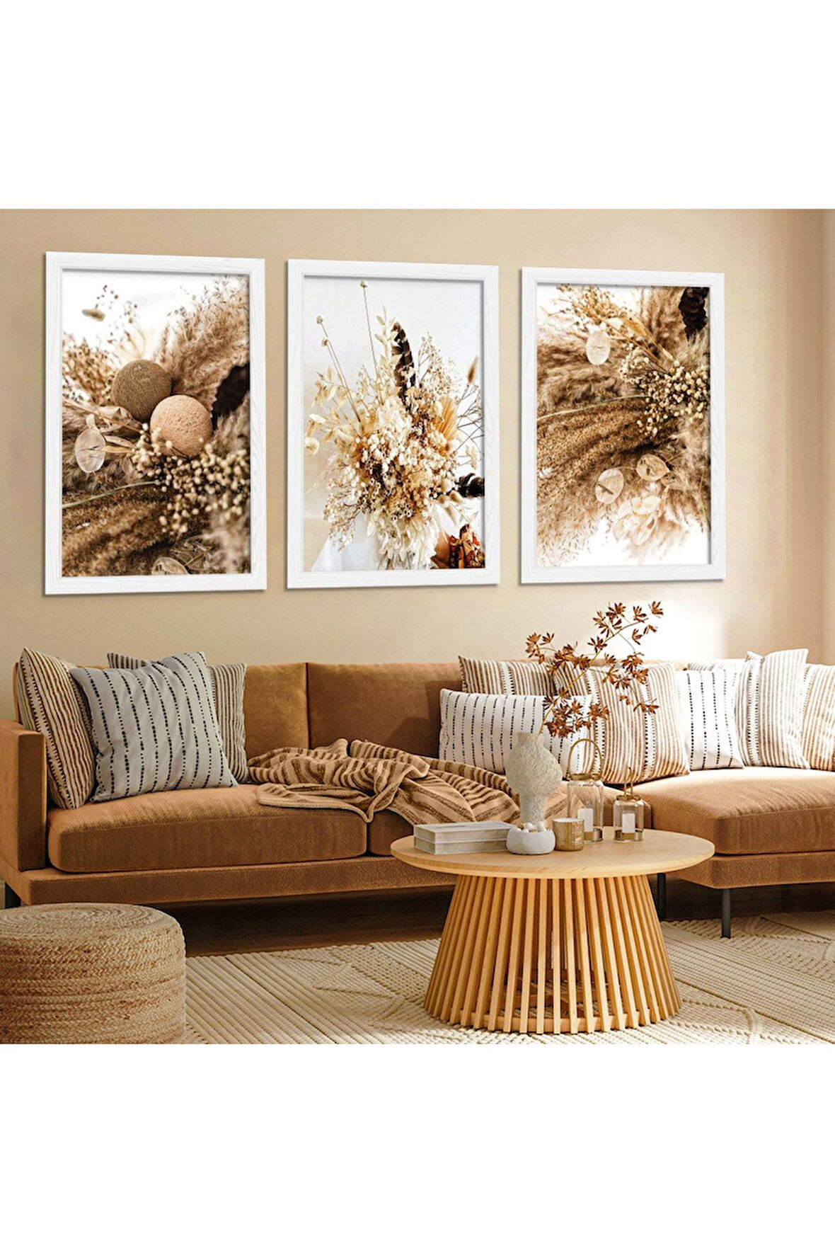 Beyaz Ahşap Çerçeveli Kuru Çiçek Tablo