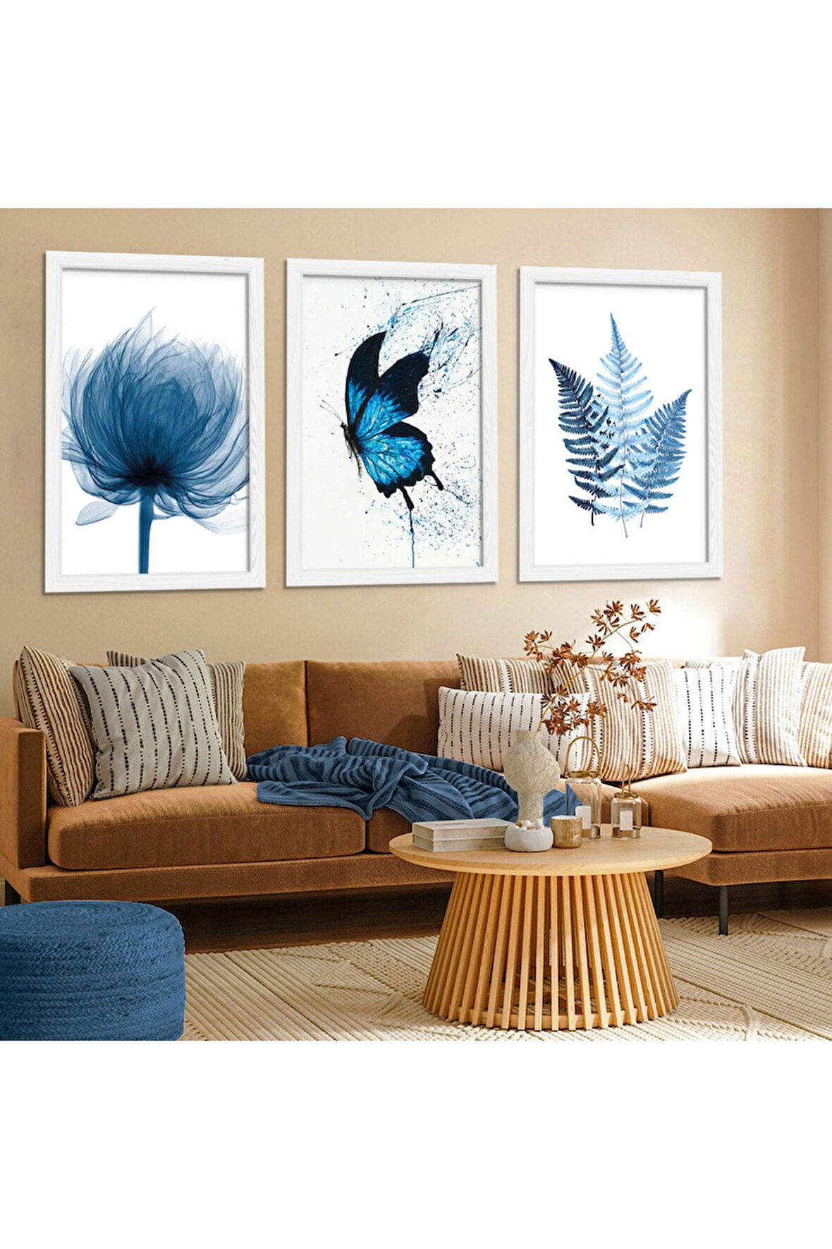 Beyaz Ahşap Çerçeveli Mavi Kelebek Tablo