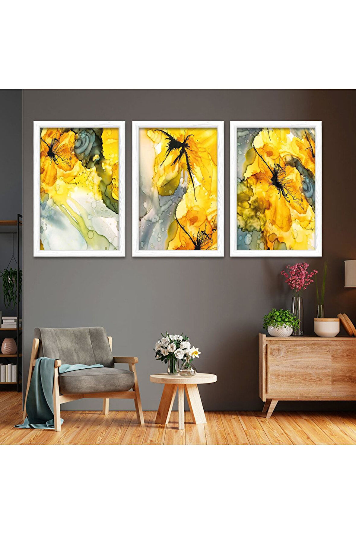 Siyah Ahşap Çerçeveli Sarı Renk Modern Tablo