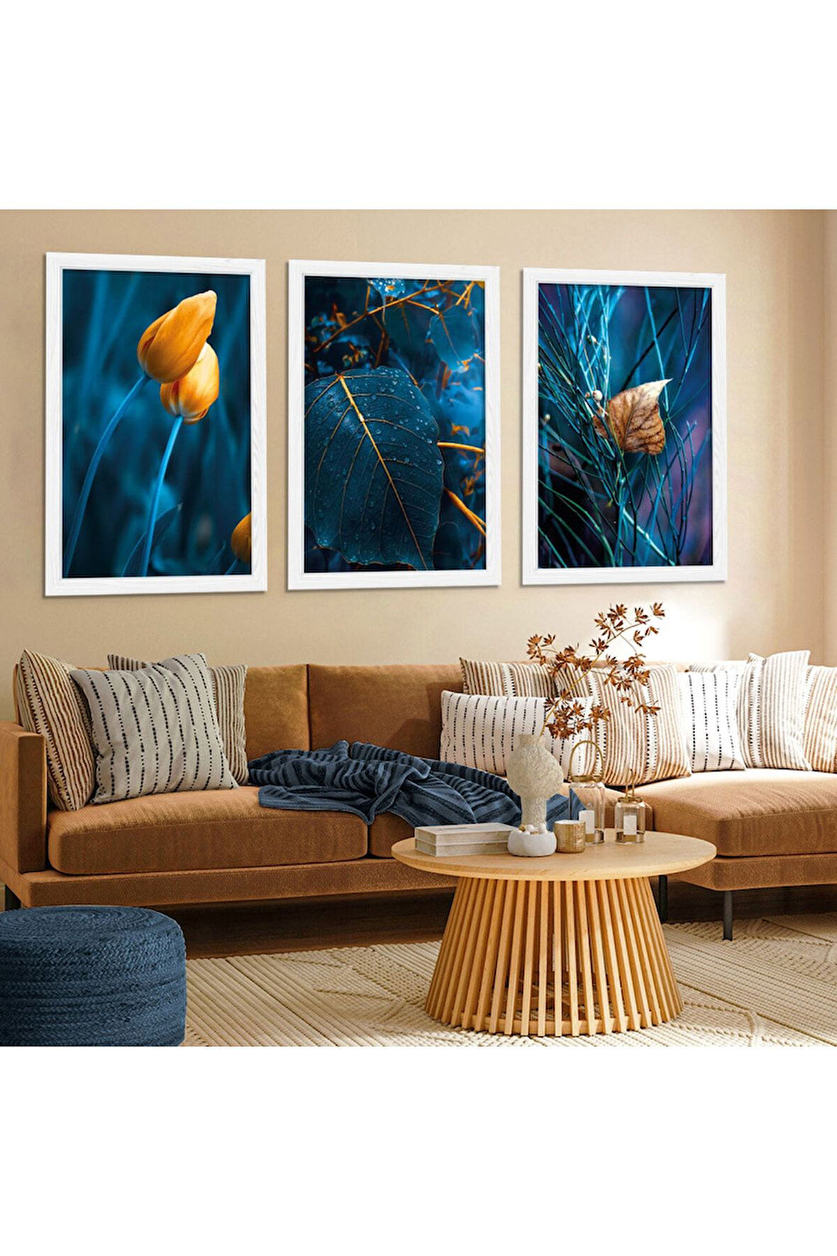 Beyaz Ahşap Çerçeveli Mavi Bitki Ve Çiçek Tablo