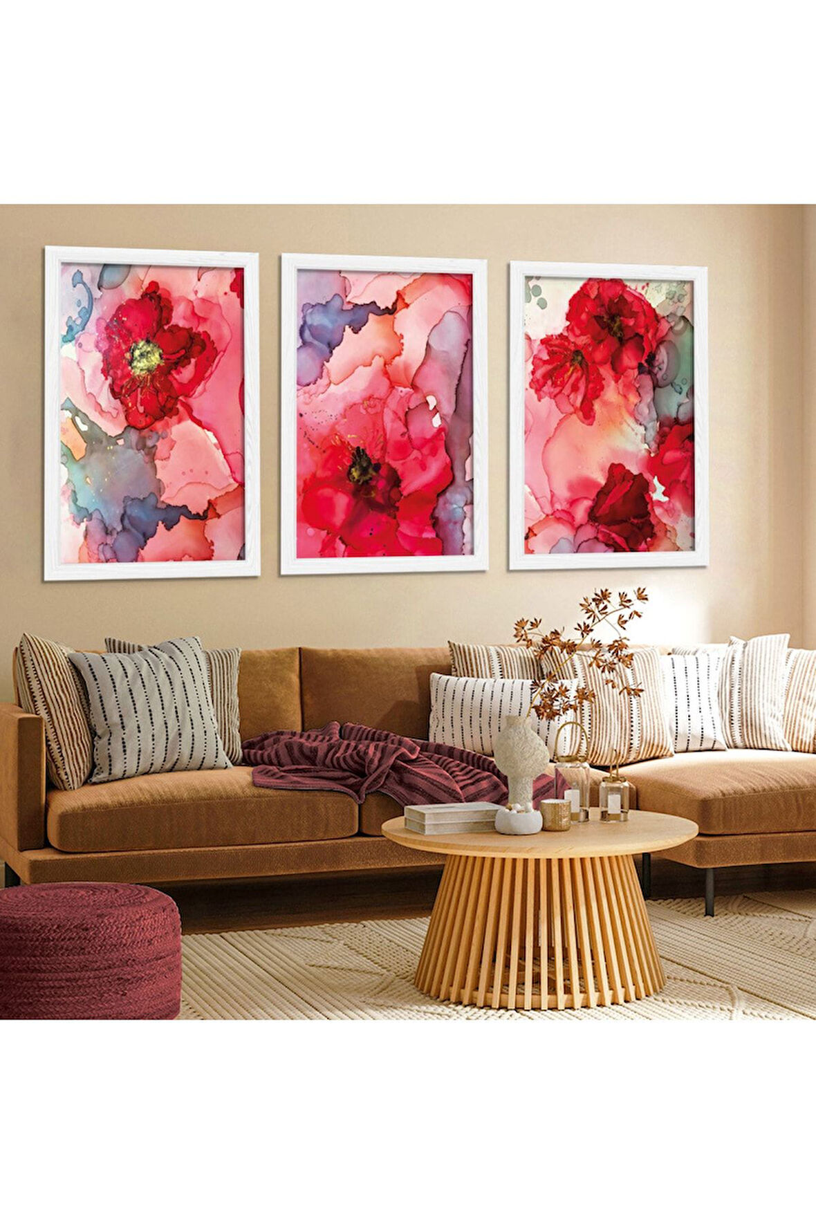 Beyaz Ahşap Çerçeveli Renkli Çiçekler Tablo