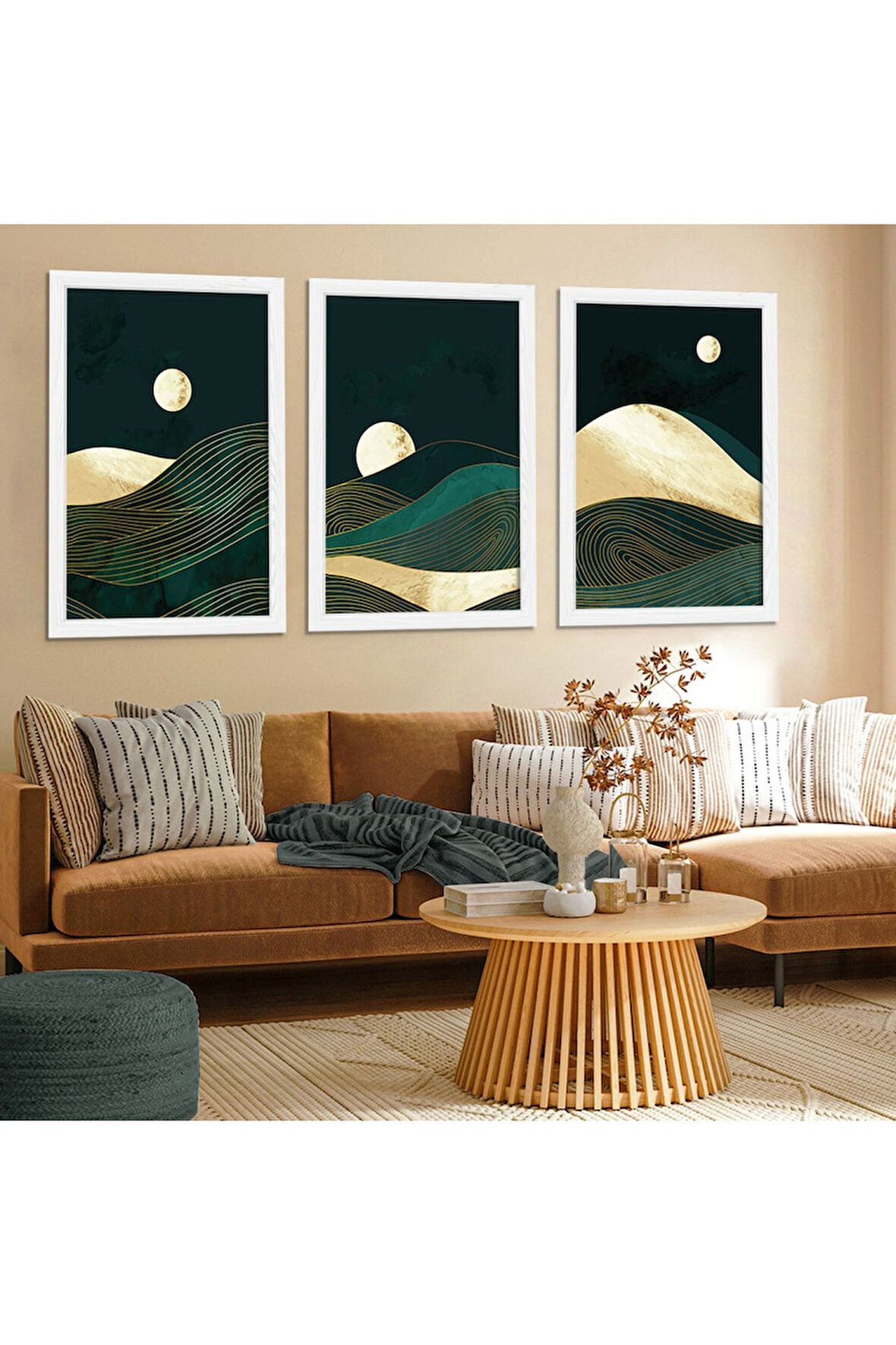 Beyaz Ahşap Çerçeveli Kolaj Çizim Dağ Manzara Tablo