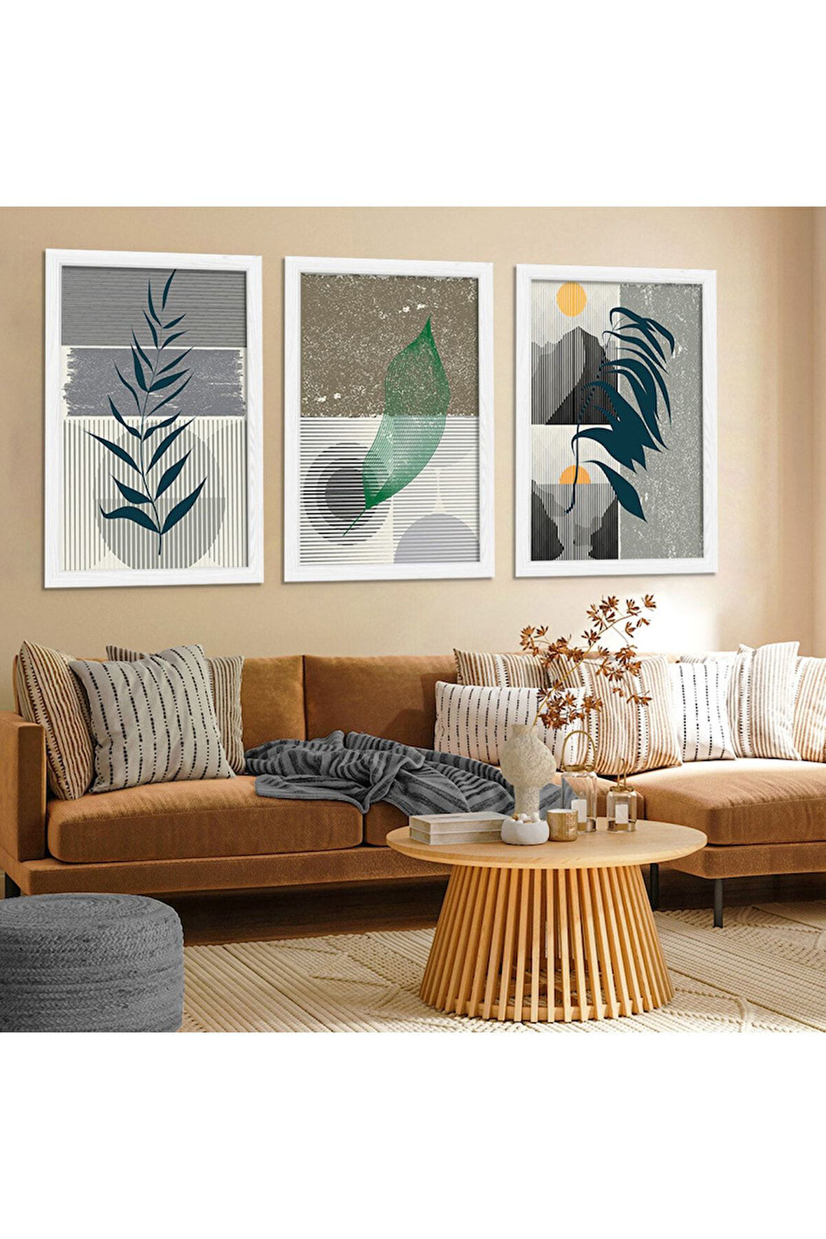 Beyaz Ahşap Çerçeveli Kolaj Çizim Modern Tablo