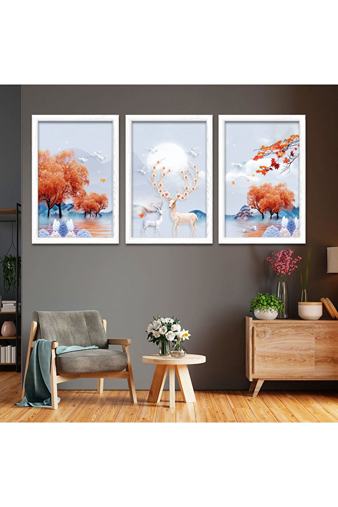 Siyah Ahşap Çerçeveli Kolaj Çizim Geyik Tablo