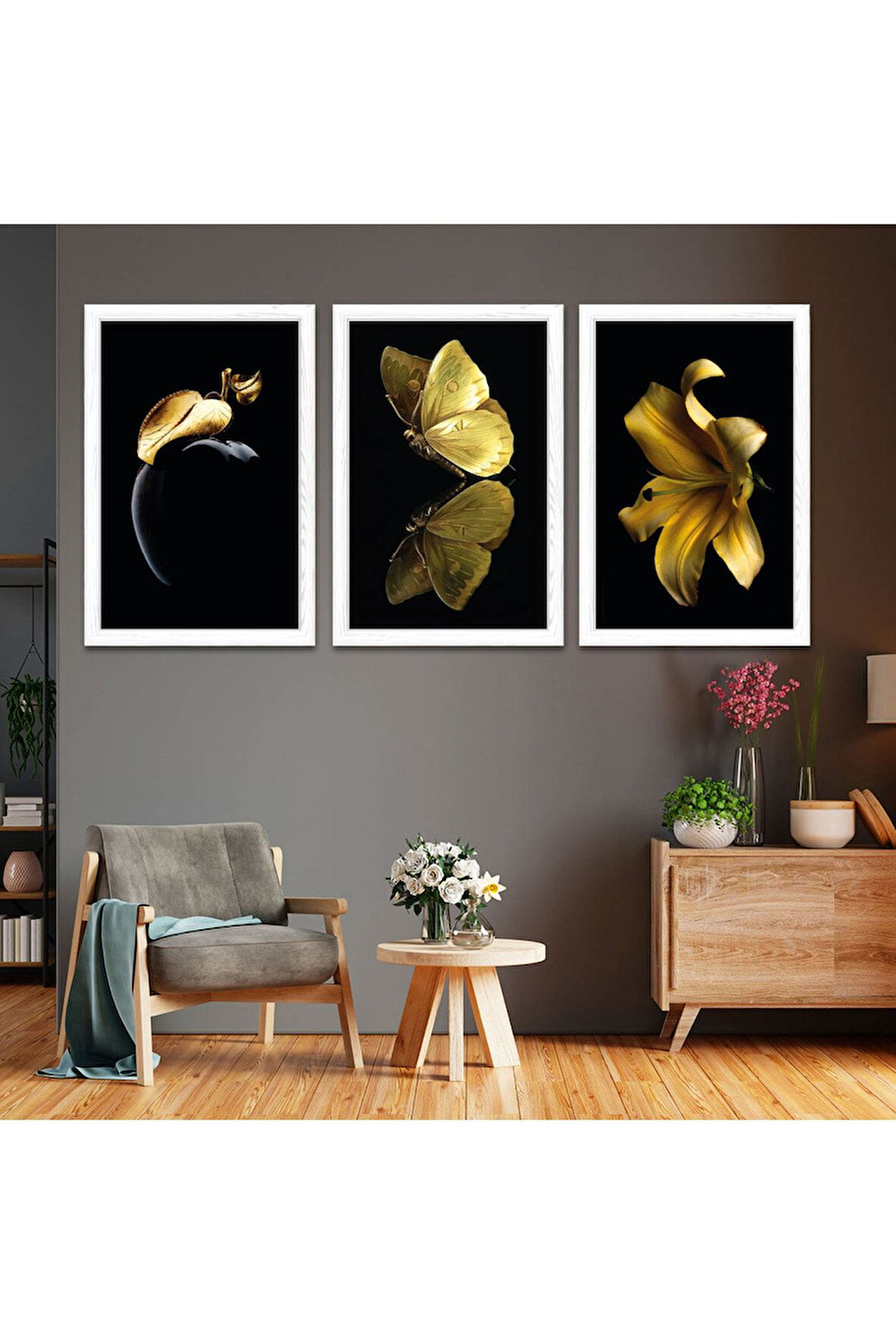 Siyah Ahşap Çerçeveli Altın Kelebek Ve Çiçek Tablo