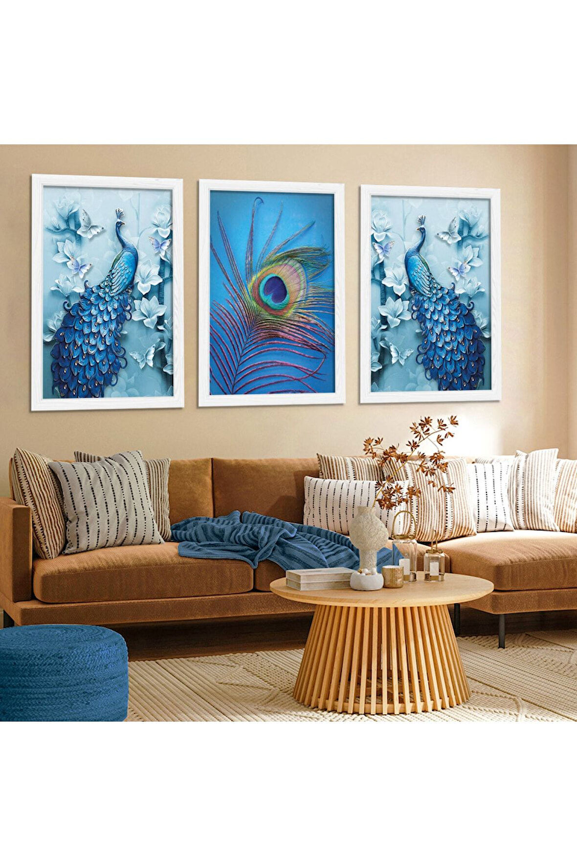 Beyaz Ahşap Çerçeveli Tavus Kuşu Tablo