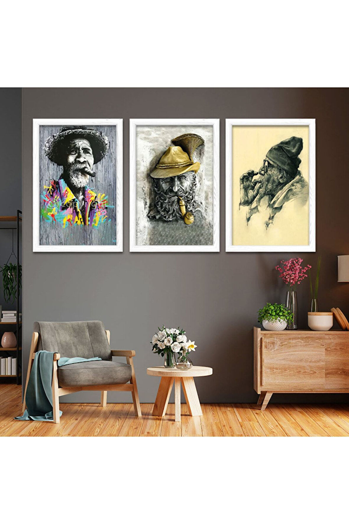 Siyah Ahşap Çerçeveli Tarz Yaşlı Adam Tablo