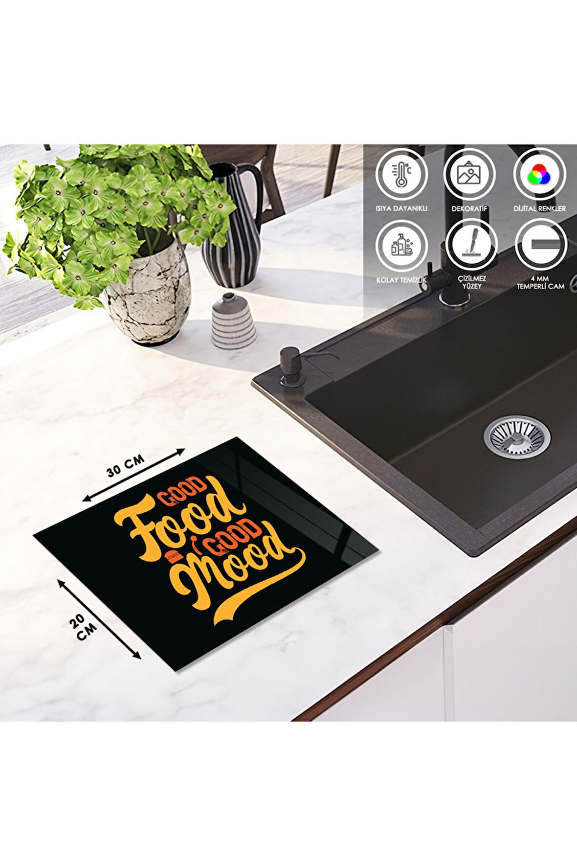 Cam Kesme Tahtası Renkli "Good Food Good Mood" Yazılı