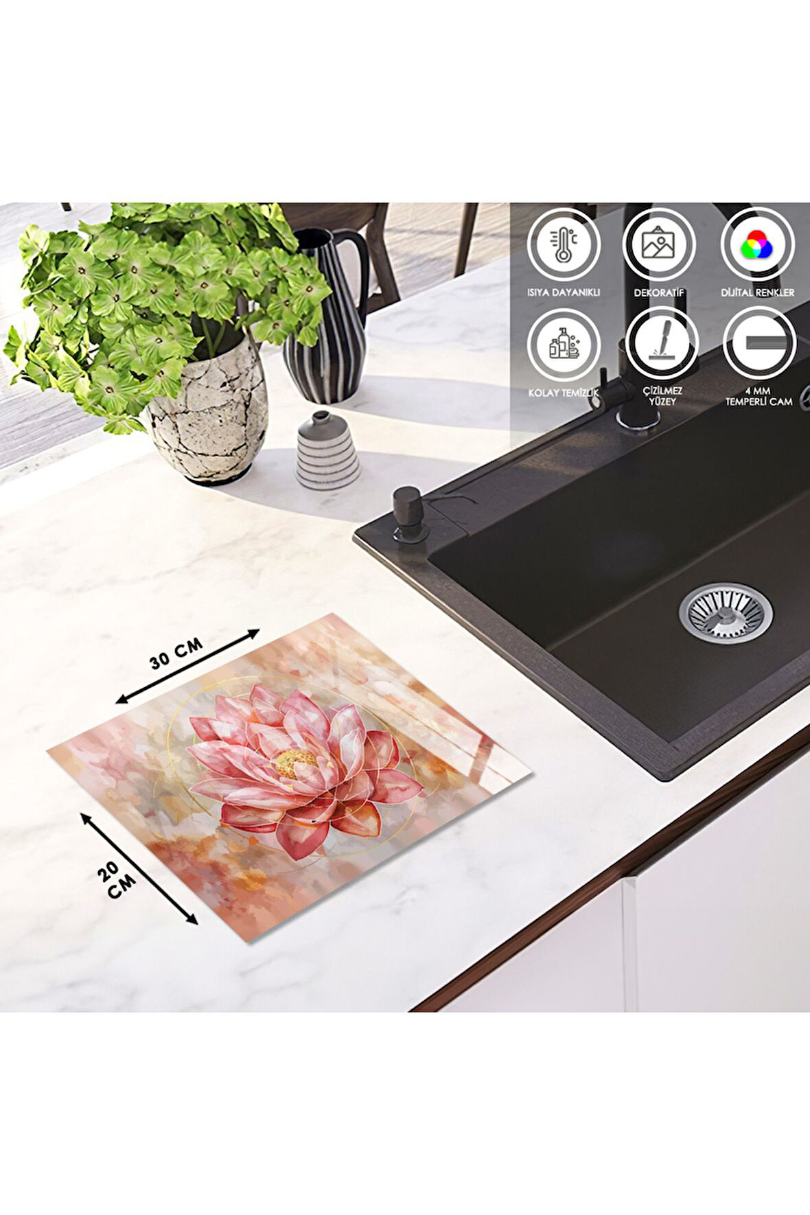 Cam Kesme Tahtası Pembe Renkli Lotus Çiçekli