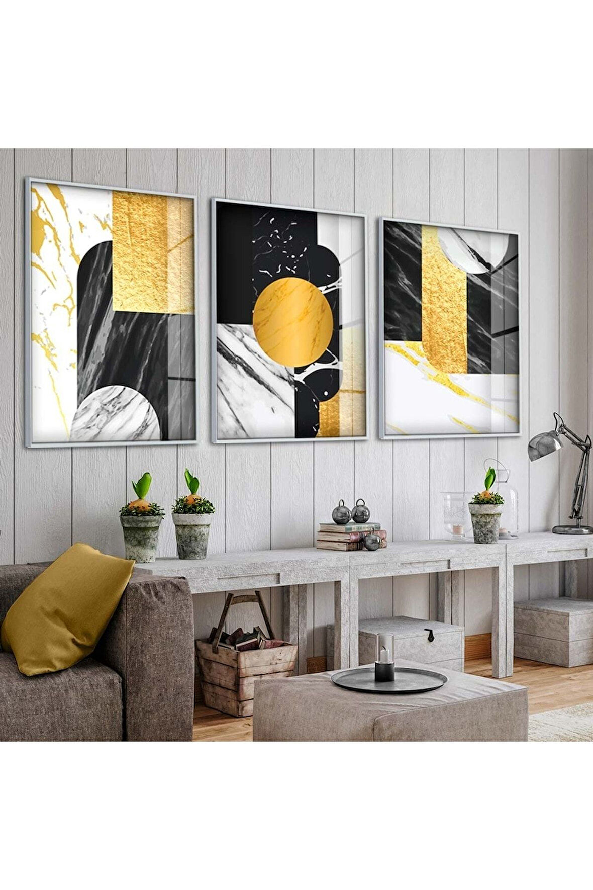 Gümüş Metal Çerçeveli Soyut Desen Şekiller Üçlü Kırılmaz Cam Tablo Seti