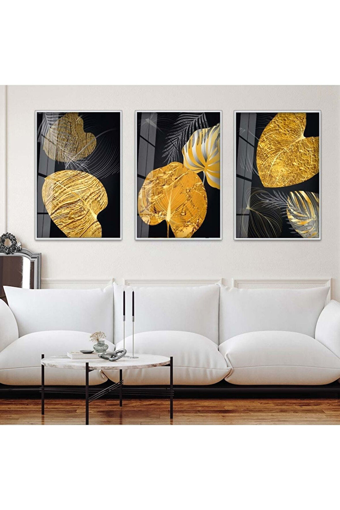 Gold Metal Çerçeveli Soyut Desen Üçlü Kırılmaz Cam Tablo Seti