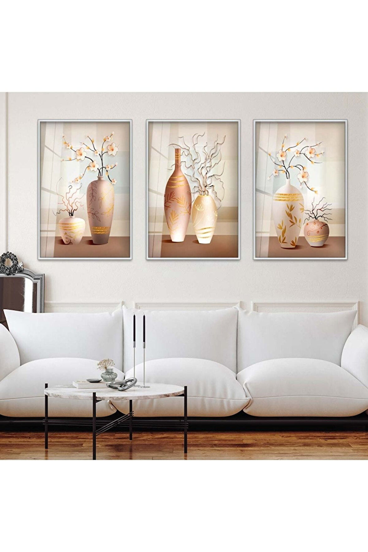 MİNİMALİST SOYUT DESEN 3'LÜ METAL ÇERÇEVELİ CAM TABLO SETİ