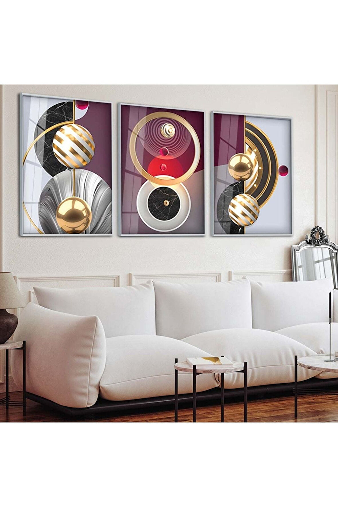 Gümüş Metal Çerçeveli Soyut Desen Üçlü Kırılmaz Cam Tablo Seti