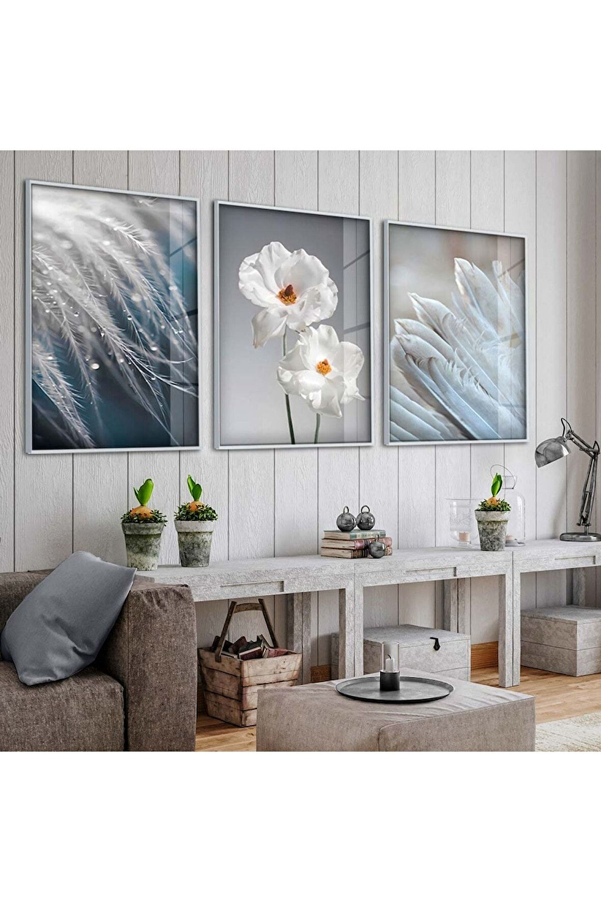 Gümüş Metal Çerçeveli Beyaz Çiçek Üçlü Kırılmaz Cam Tablo Seti