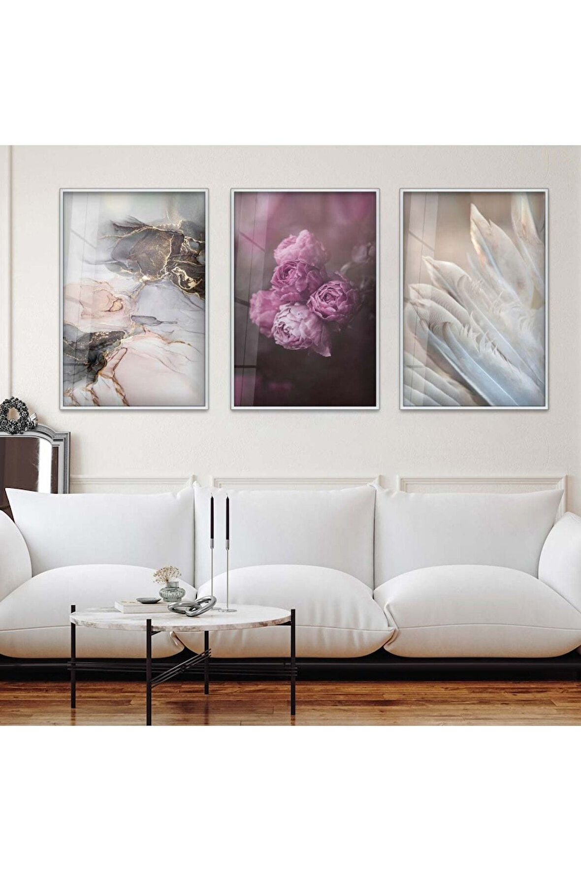 Siyah Metal Çerçeveli Mor Gül Üçlü Kırılmaz Cam Tablo Seti