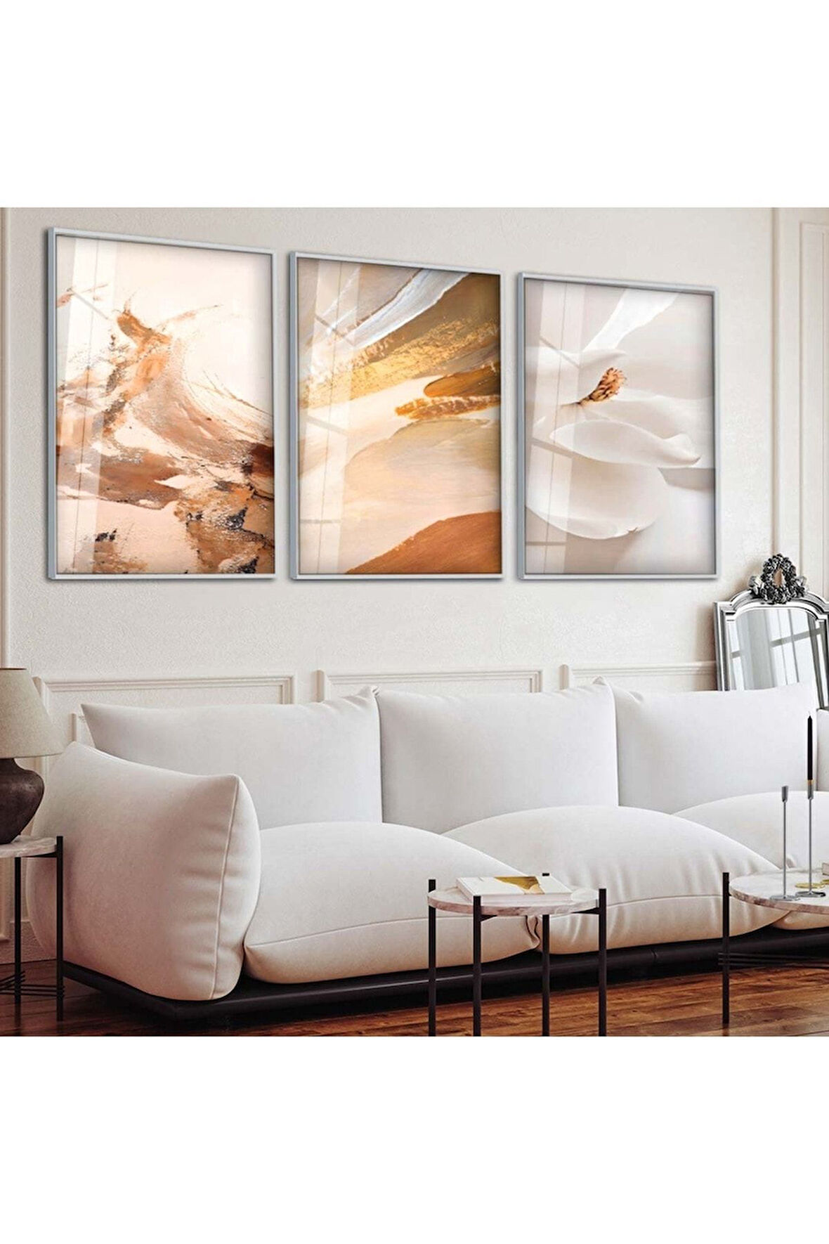 Gümüş Metal Çerçeveli Modern Çizim Üçlü Kırılmaz Cam Tablo Seti