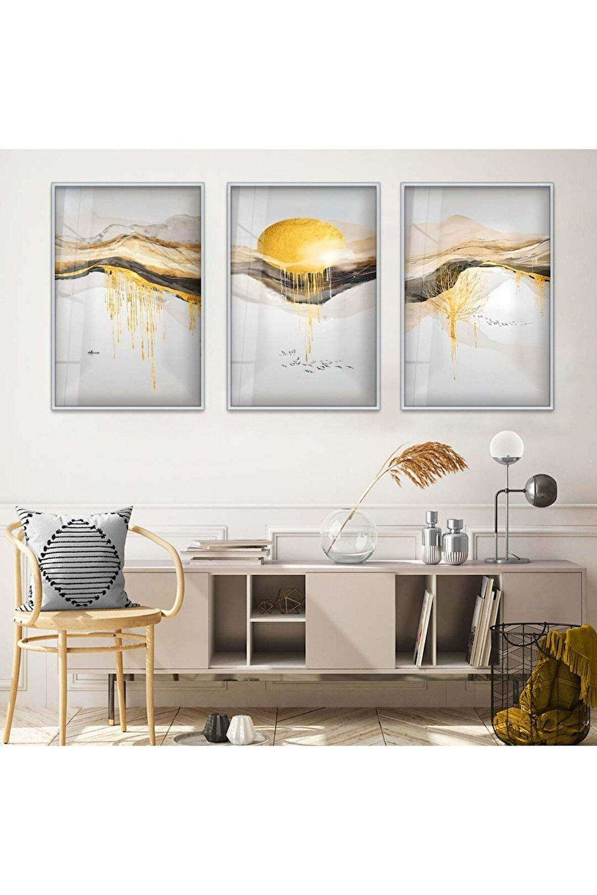 Gold Metal Çerçeveli Kolaj Çizim Üçlü Kırılmaz Cam Tablo Seti