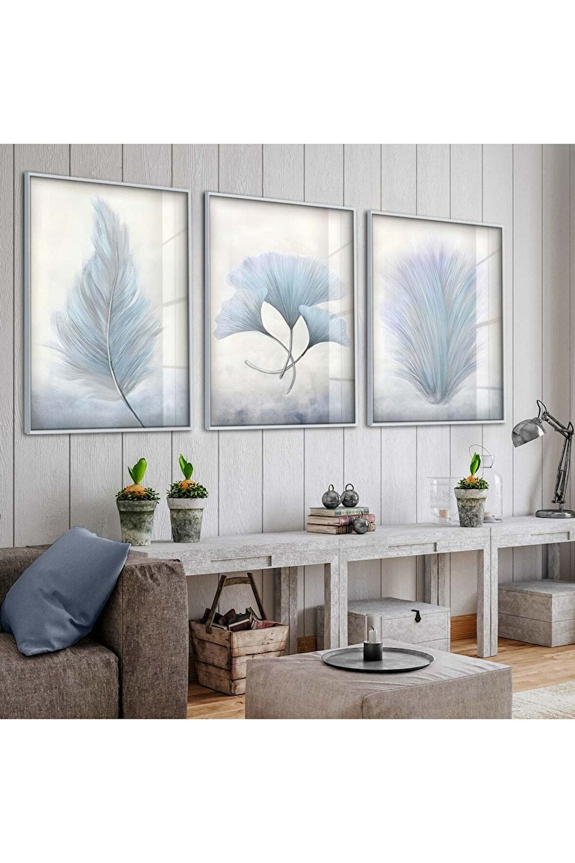 Gümüş Metal Çerçeveli Beyaz Kar Çiçeği Üçlü Kırılmaz Cam Tablo Seti