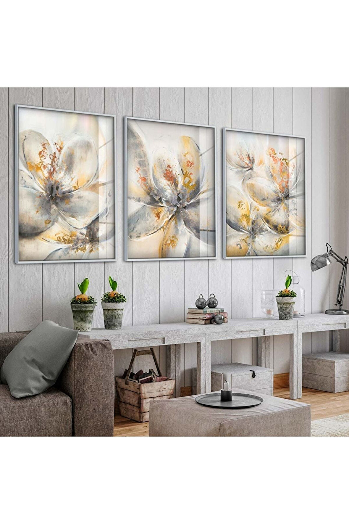Gümüş Metal Çerçeveli Kolaj Çizim Çiçek Üçlü Kırılmaz Cam Tablo Seti