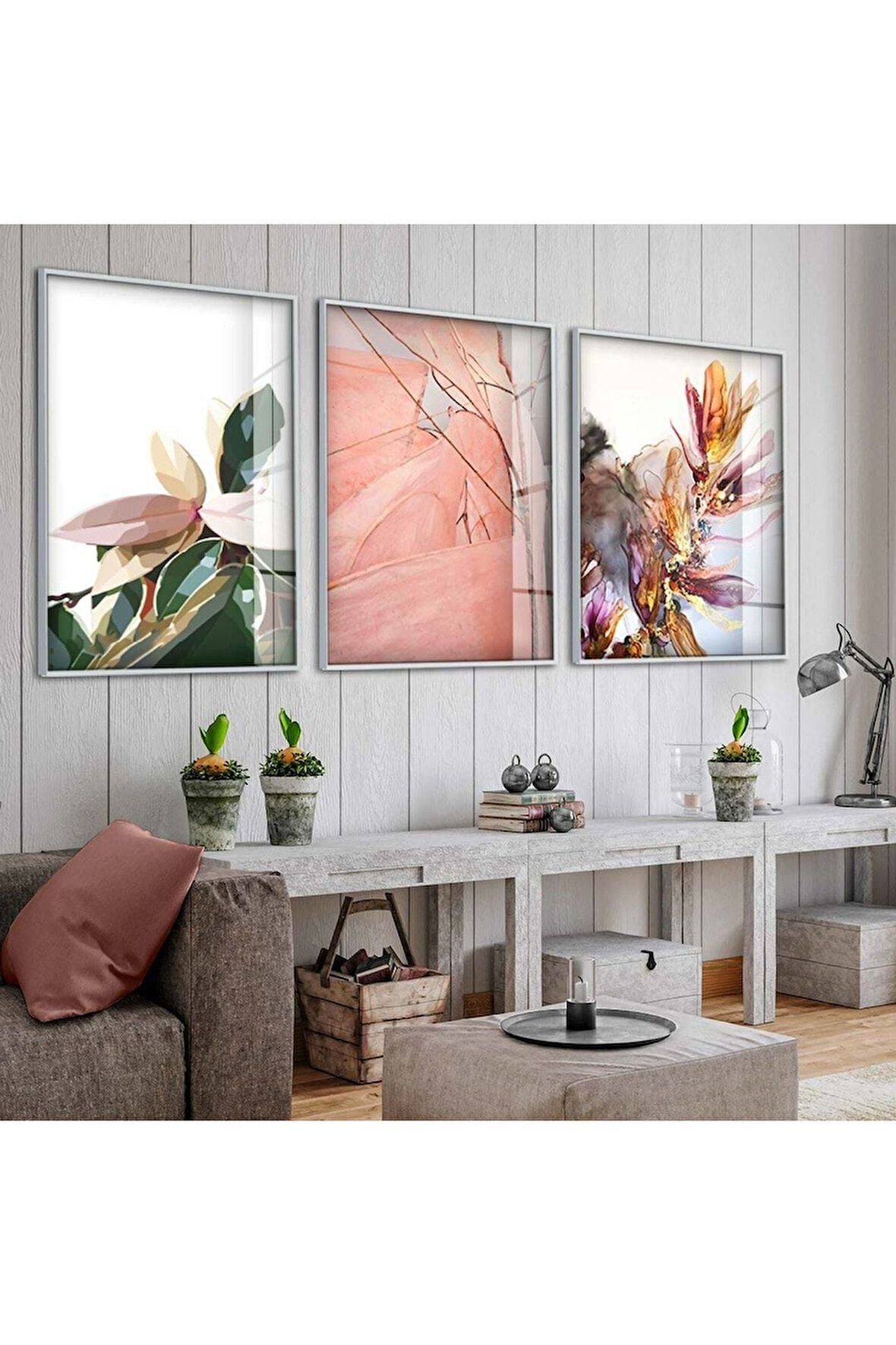 Gümüş Metal Çerçeveli Kolaj Çizim Üçlü Kırılmaz Cam Tablo Seti