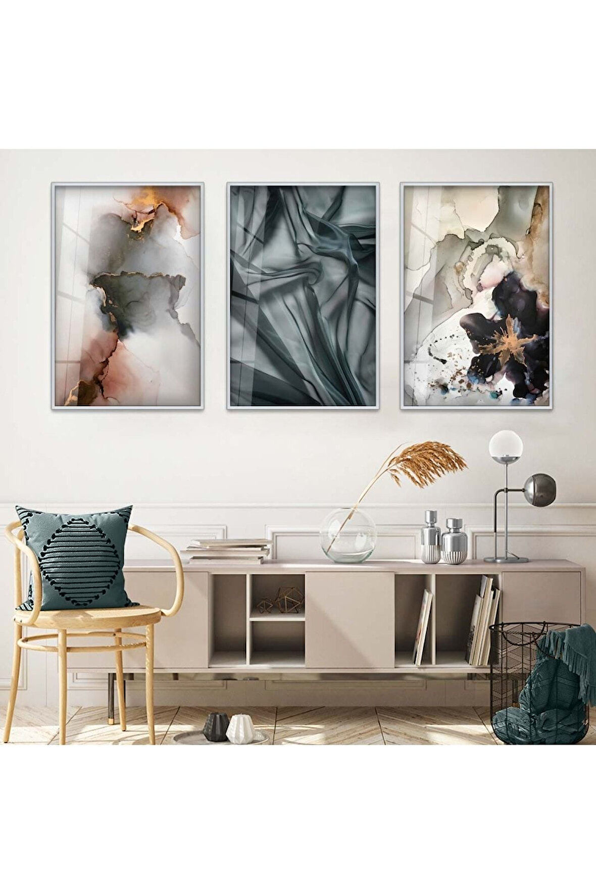 Gold Metal Çerçeveli Kolaj Çizim Üçlü Kırılmaz Cam Tablo Seti