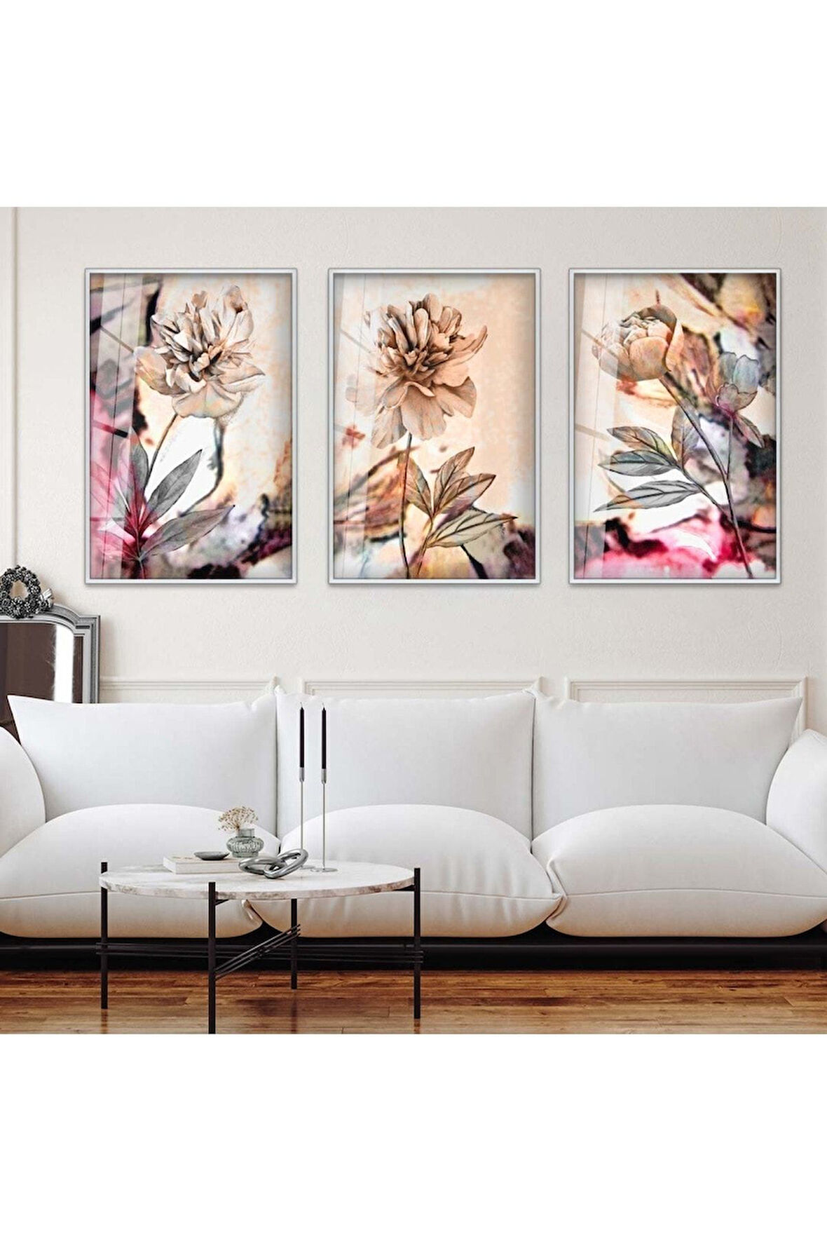 Gold Metal Çerçeveli Kolaj Çizim Çiçek Üçlü Kırılmaz Cam Tablo Seti