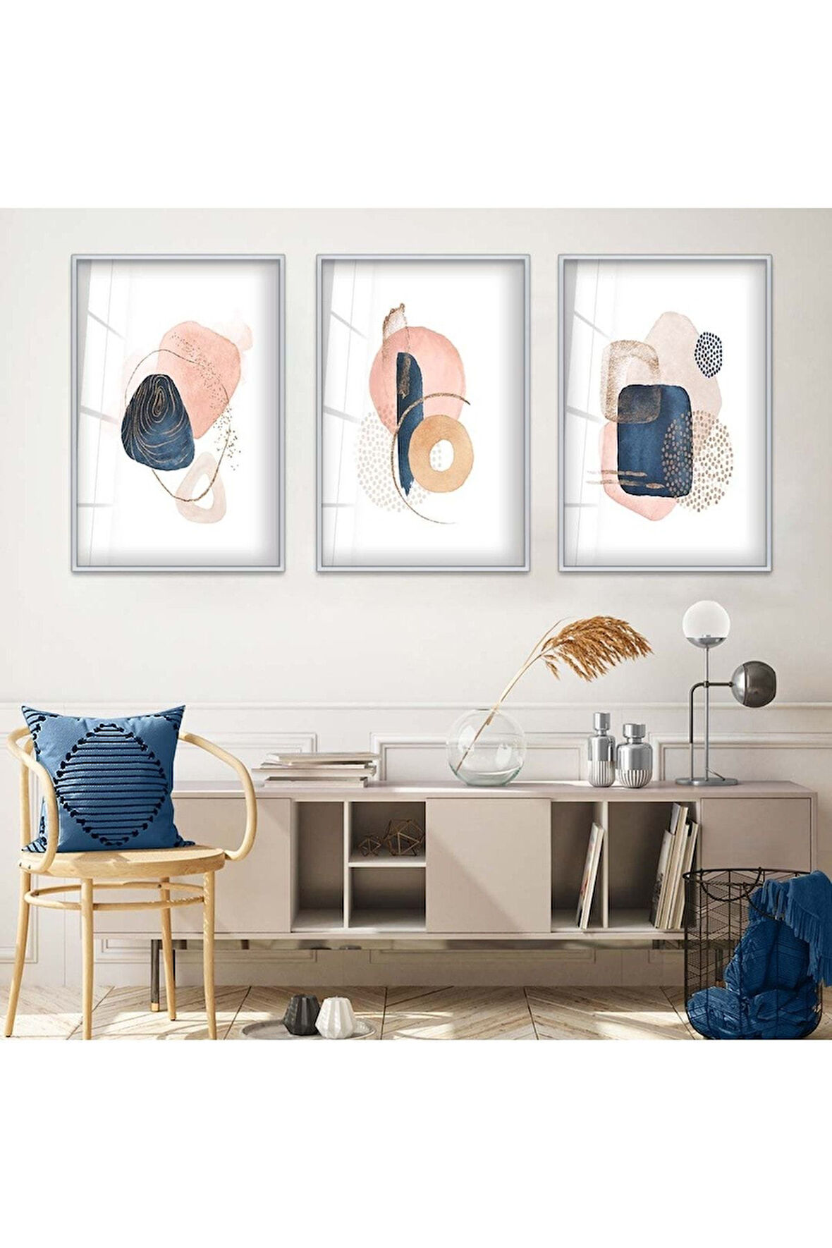 Gold Metal Çerçeveli Soyut Desen Taş Üçlü Kırılmaz Cam Tablo Seti