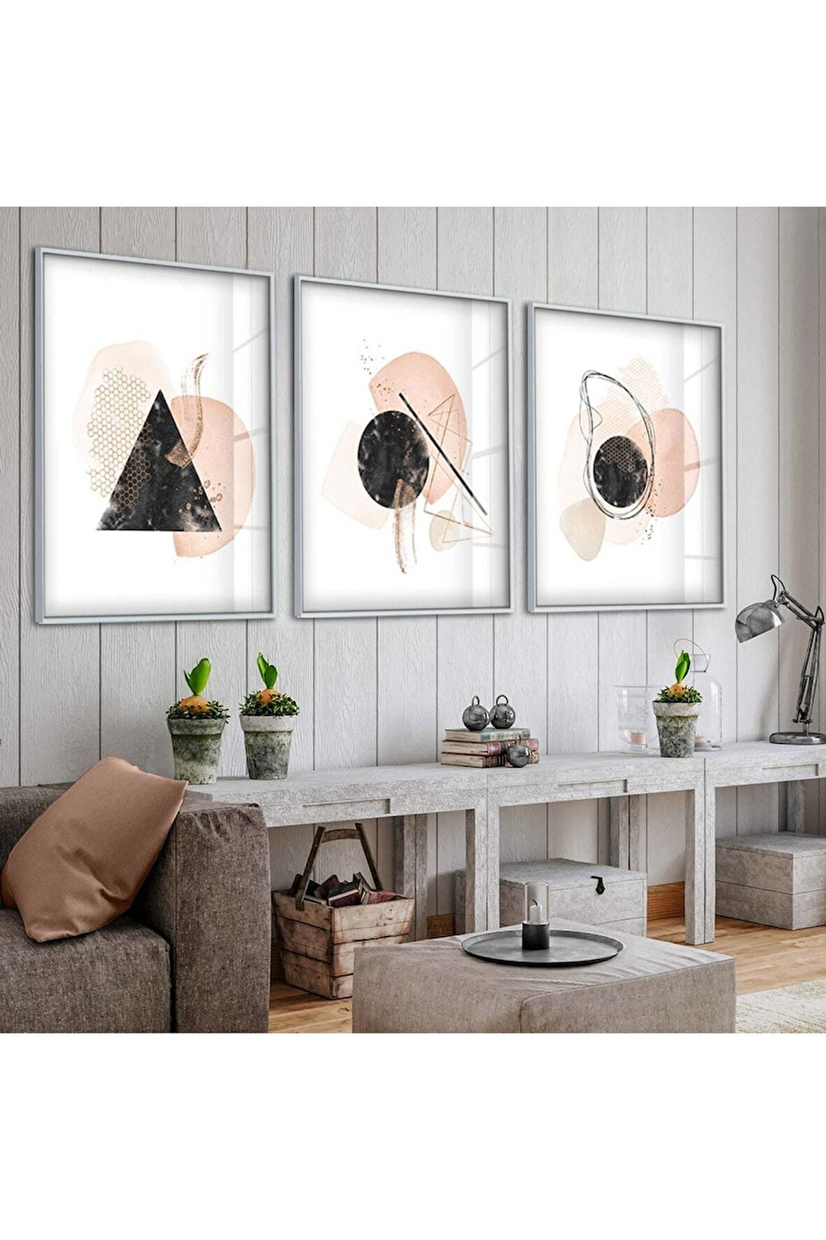 Gümüş Metal Çerçeveli Soyut Desen Şekiller Üçlü Kırılmaz Cam Tablo Seti