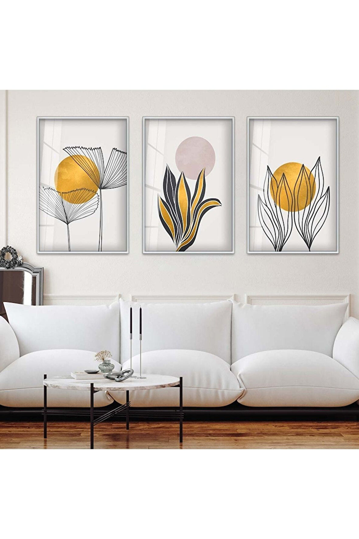 Gold Metal Çerçeveli Soyut Desen Bitki Ve Güneş Üçlü Kırılmaz Cam Tablo Seti