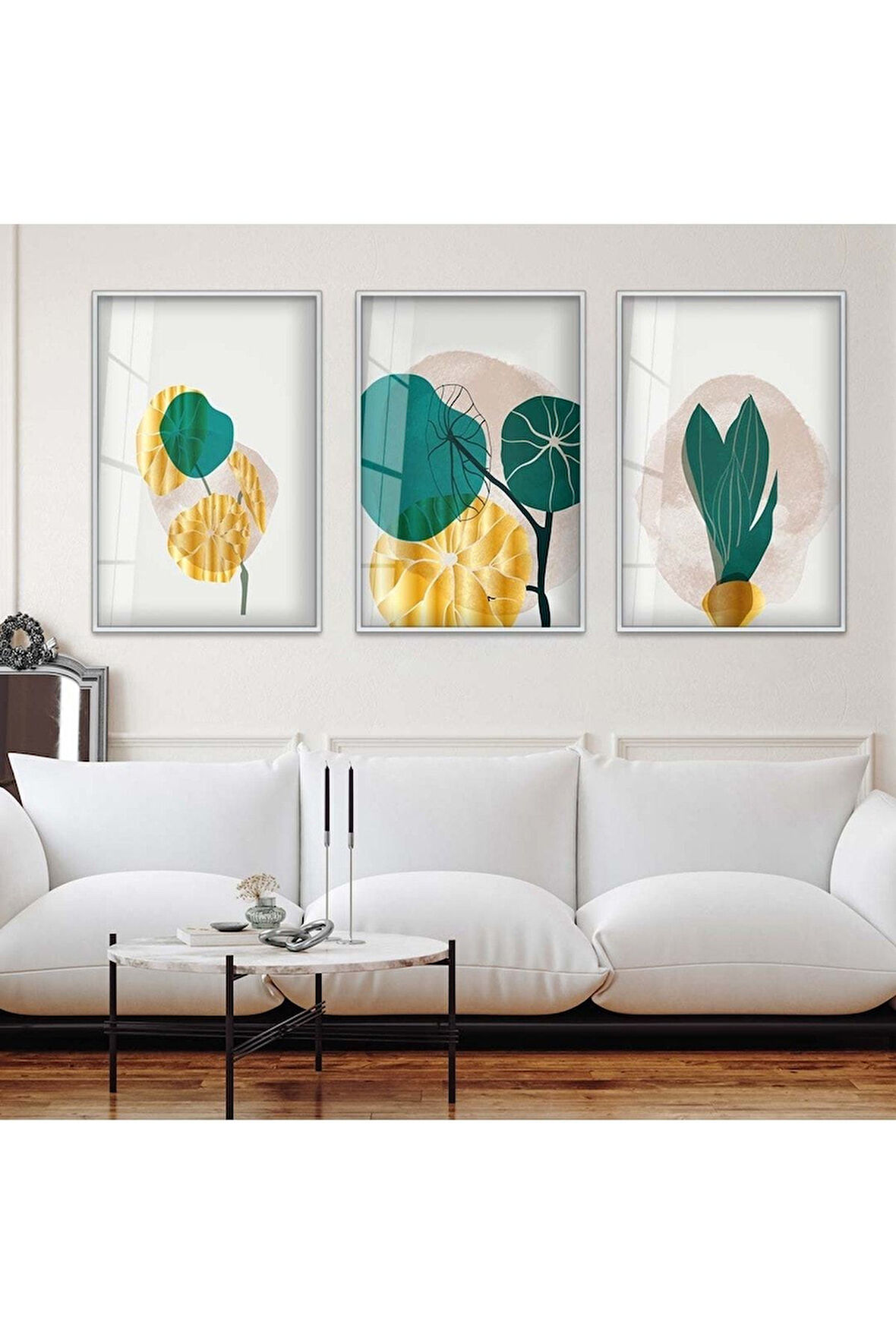 Siyah Metal Çerçeveli Soyut Desen Bitki Üçlü Kırılmaz Cam Tablo Seti