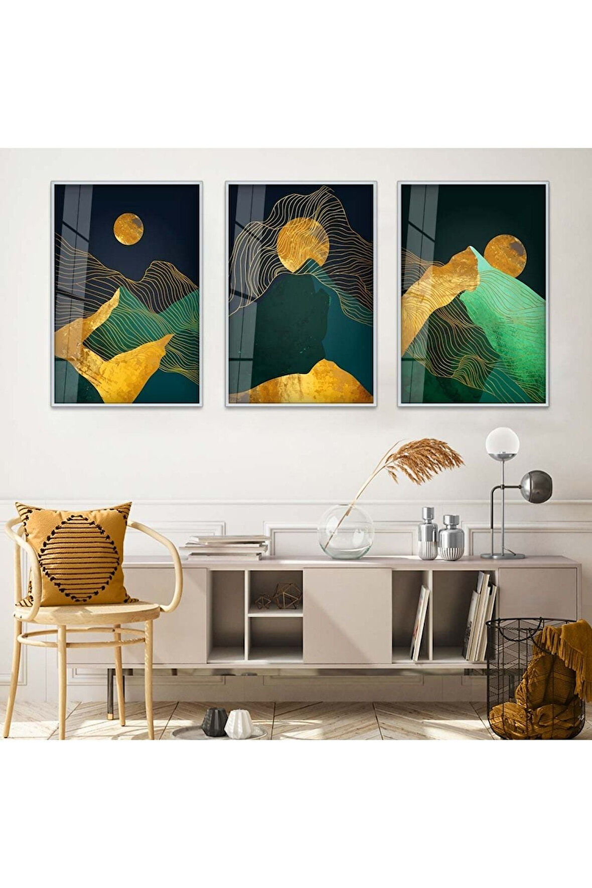 Gold Metal Çerçeveli Soyut Desen Dağ Üçlü Kırılmaz Cam Tablo Seti