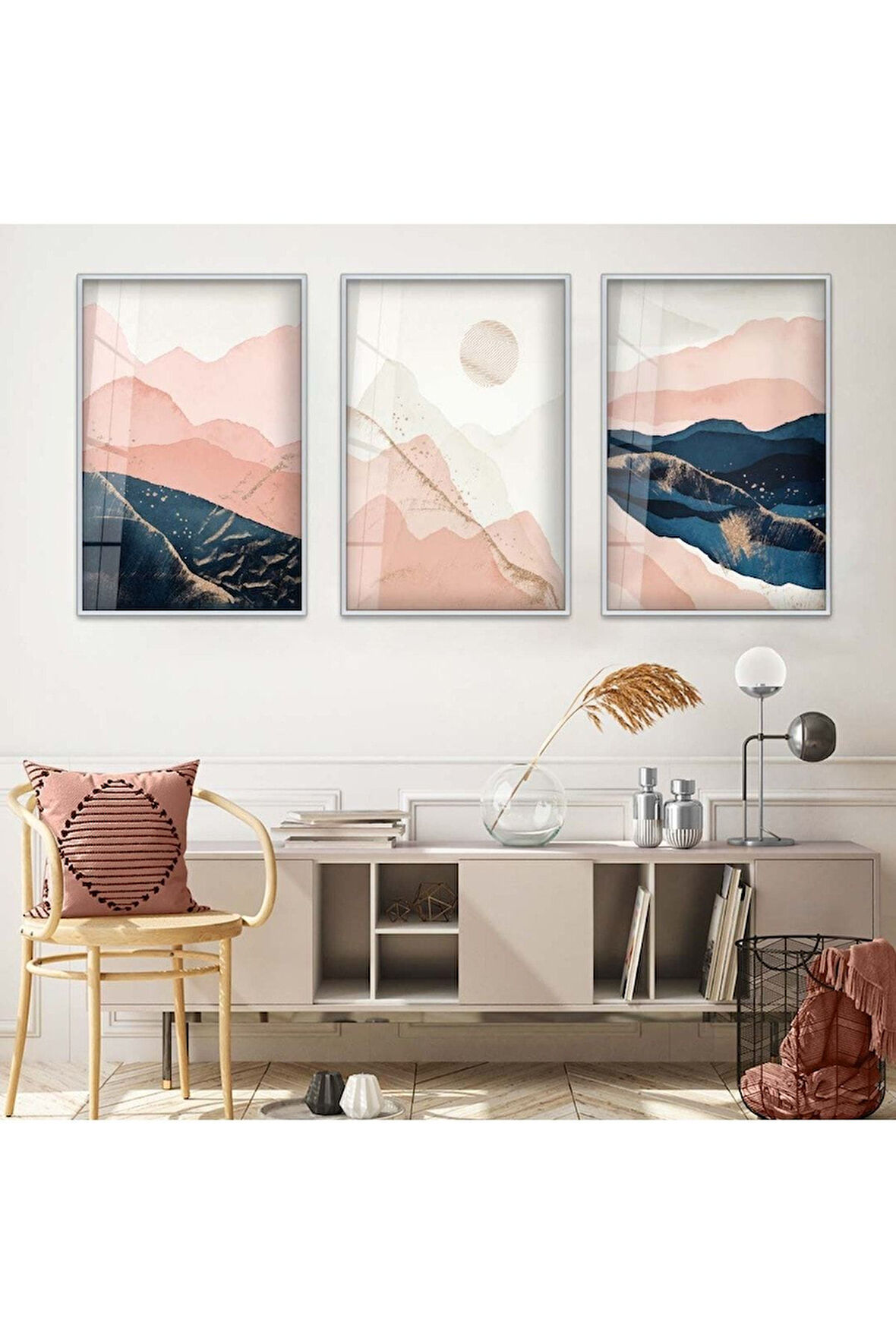 Gold Metal Çerçeveli Kolaj Çizim Üçlü Kırılmaz Cam Tablo Seti