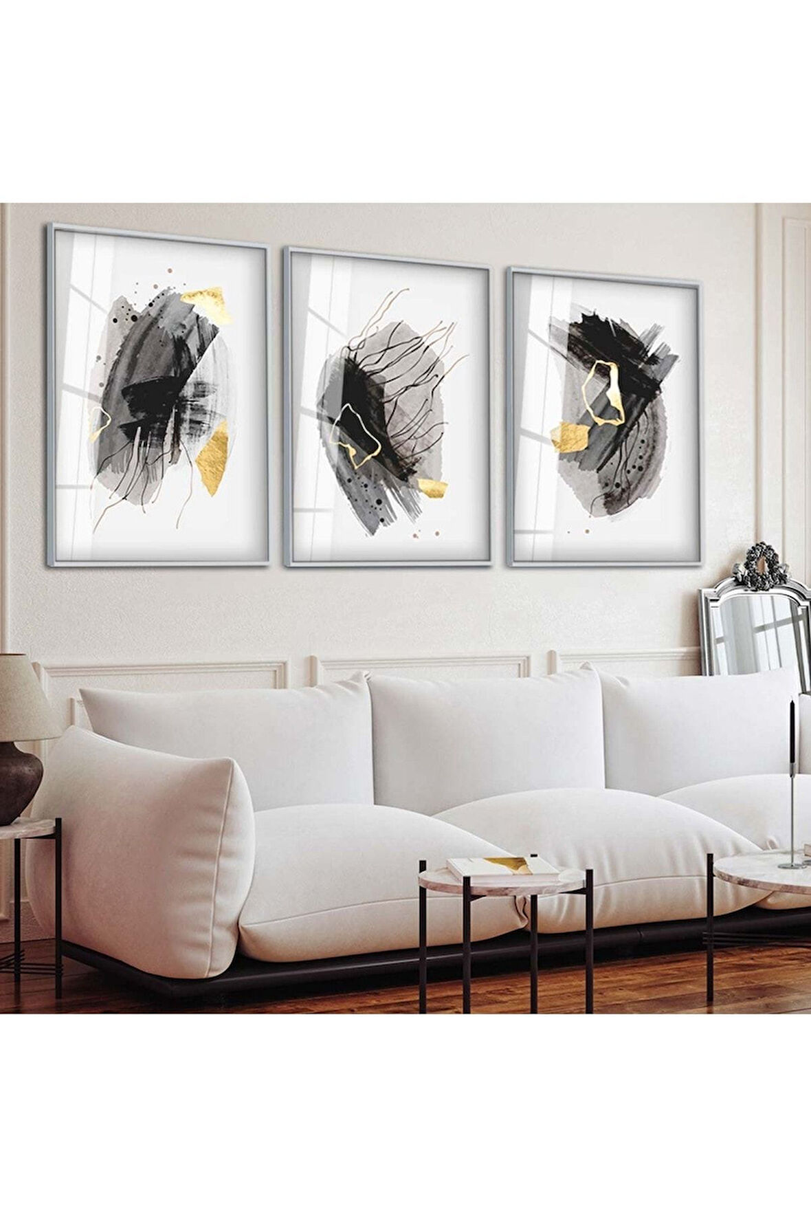 Gümüş Metal Çerçeveli Soyut Desen Üçlü Kırılmaz Cam Tablo Seti
