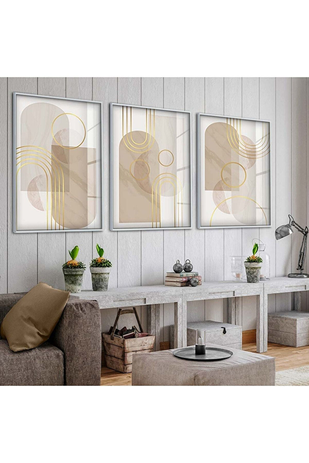 Gümüş Metal Çerçeveli Soyut Desen Şekiller Üçlü Kırılmaz Cam Tablo Seti