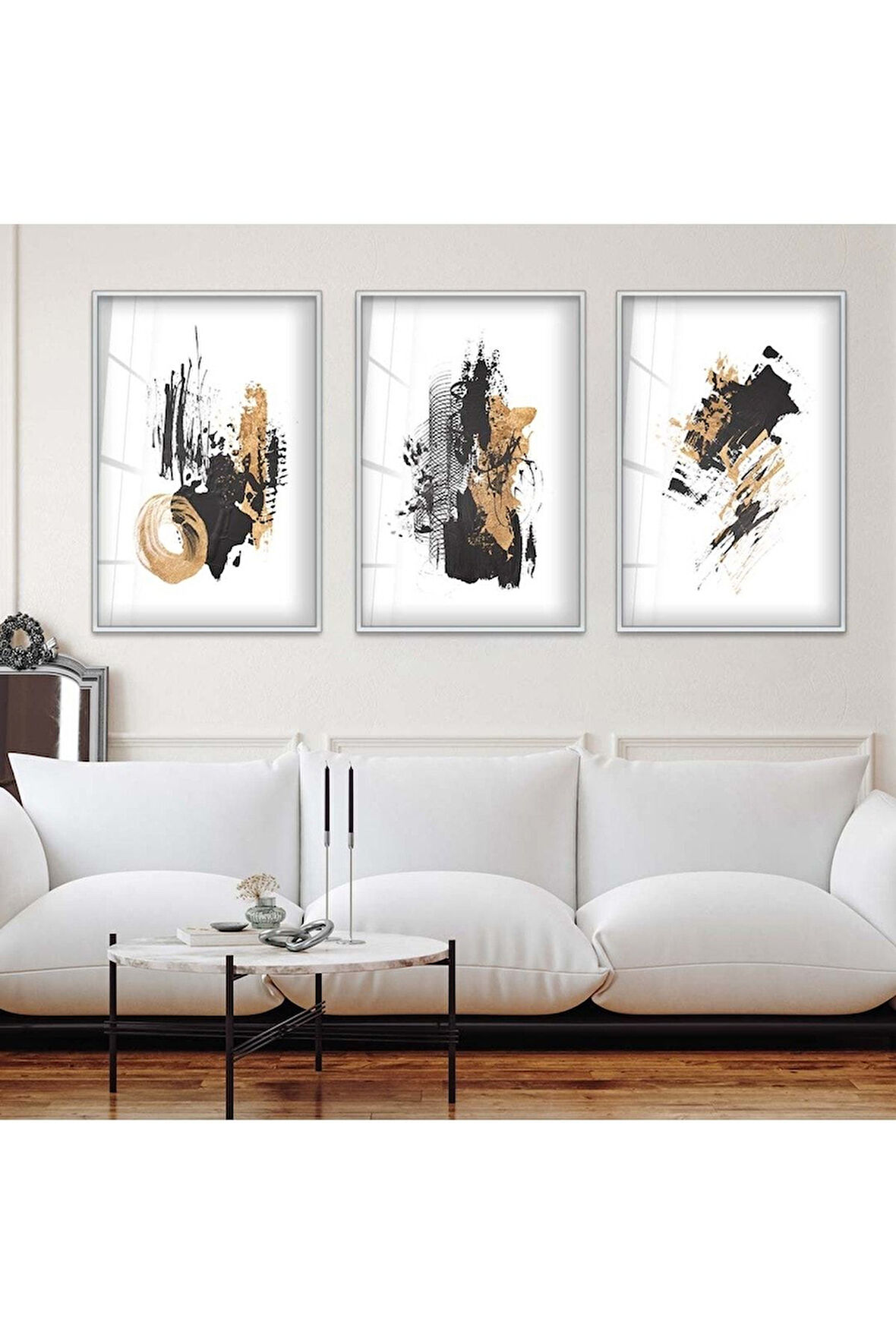 Gold Metal Çerçeveli Soyut Desen Şekiller Üçlü Kırılmaz Cam Tablo Seti
