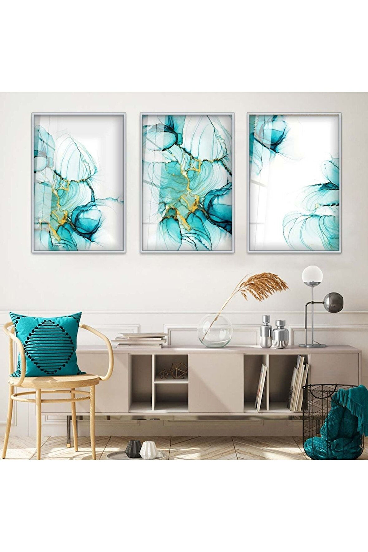 Siyah Metal Çerçeveli Soyut Desen Üçlü Kırılmaz Cam Tablo Seti