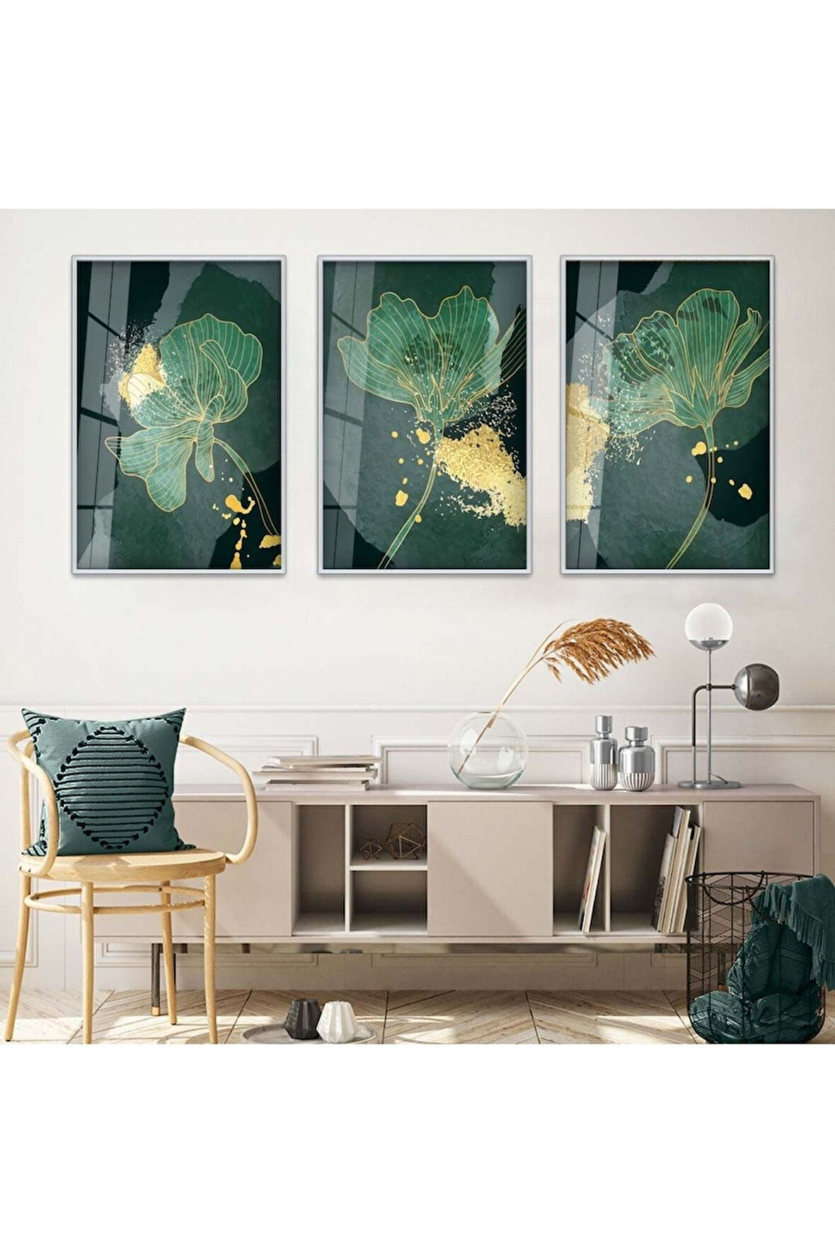 Siyah Metal Çerçeveli Soyut Desen Üçlü Kırılmaz Cam Tablo Seti