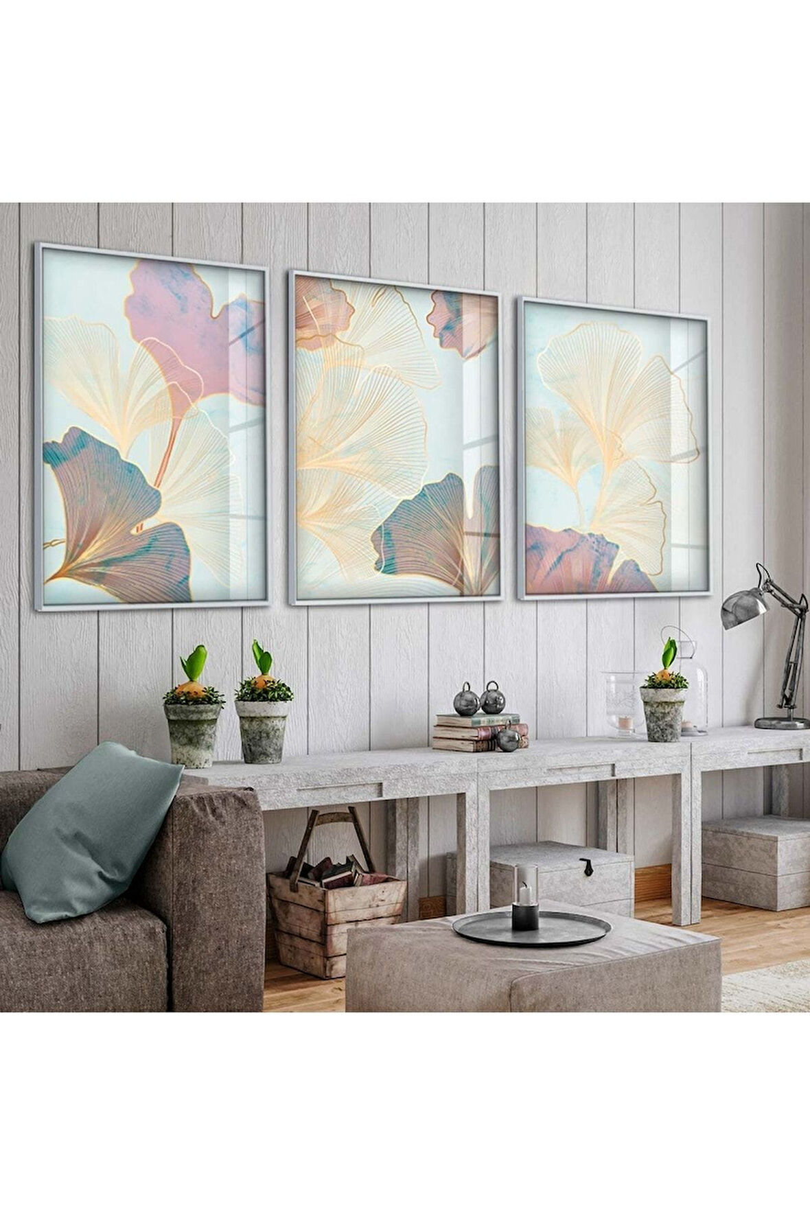 Gümüş Metal Çerçeveli Soyut Desen Üçlü Kırılmaz Cam Tablo Seti