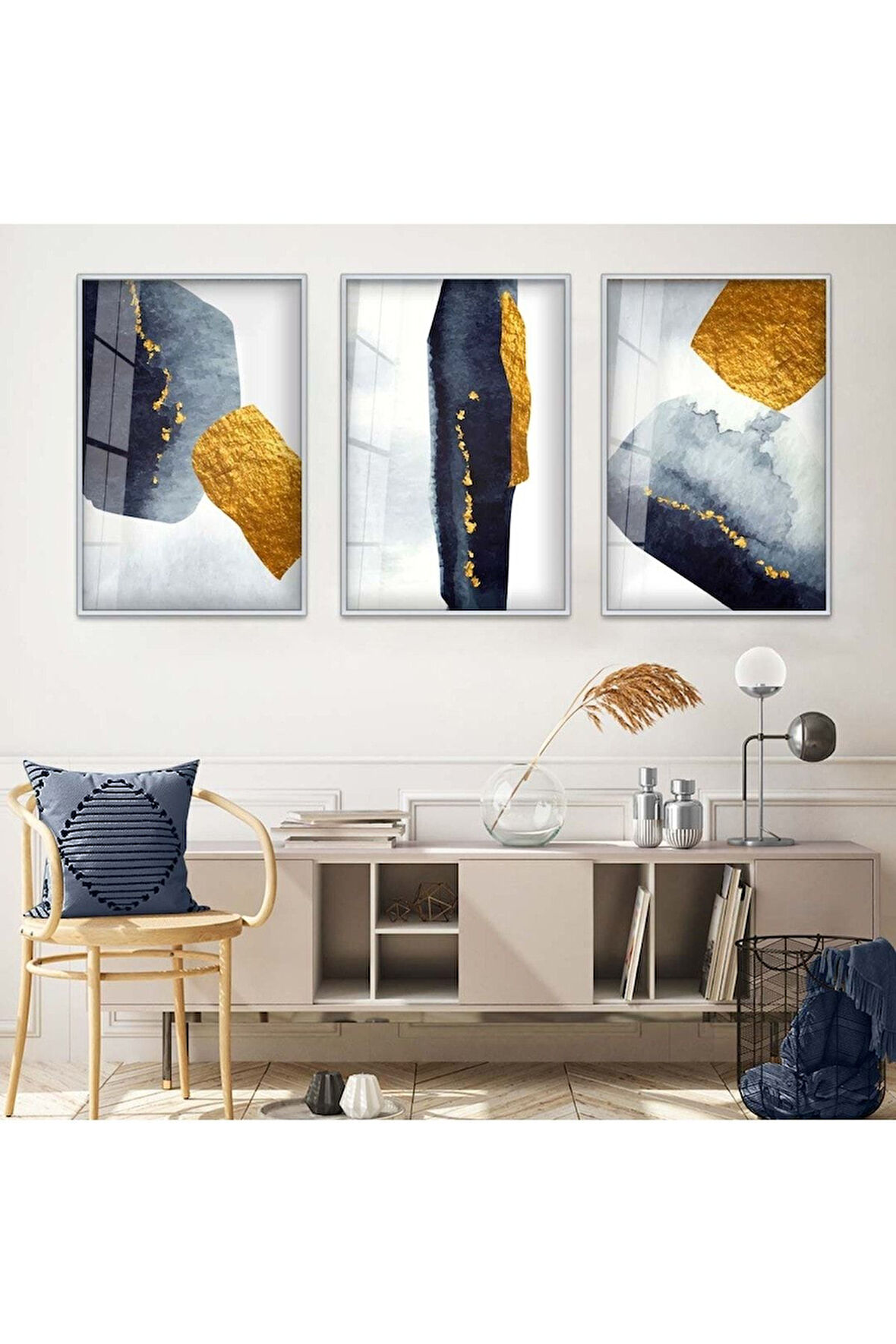 Siyah Metal Çerçeveli Soyut Desen Üçlü Kırılmaz Cam Tablo Seti
