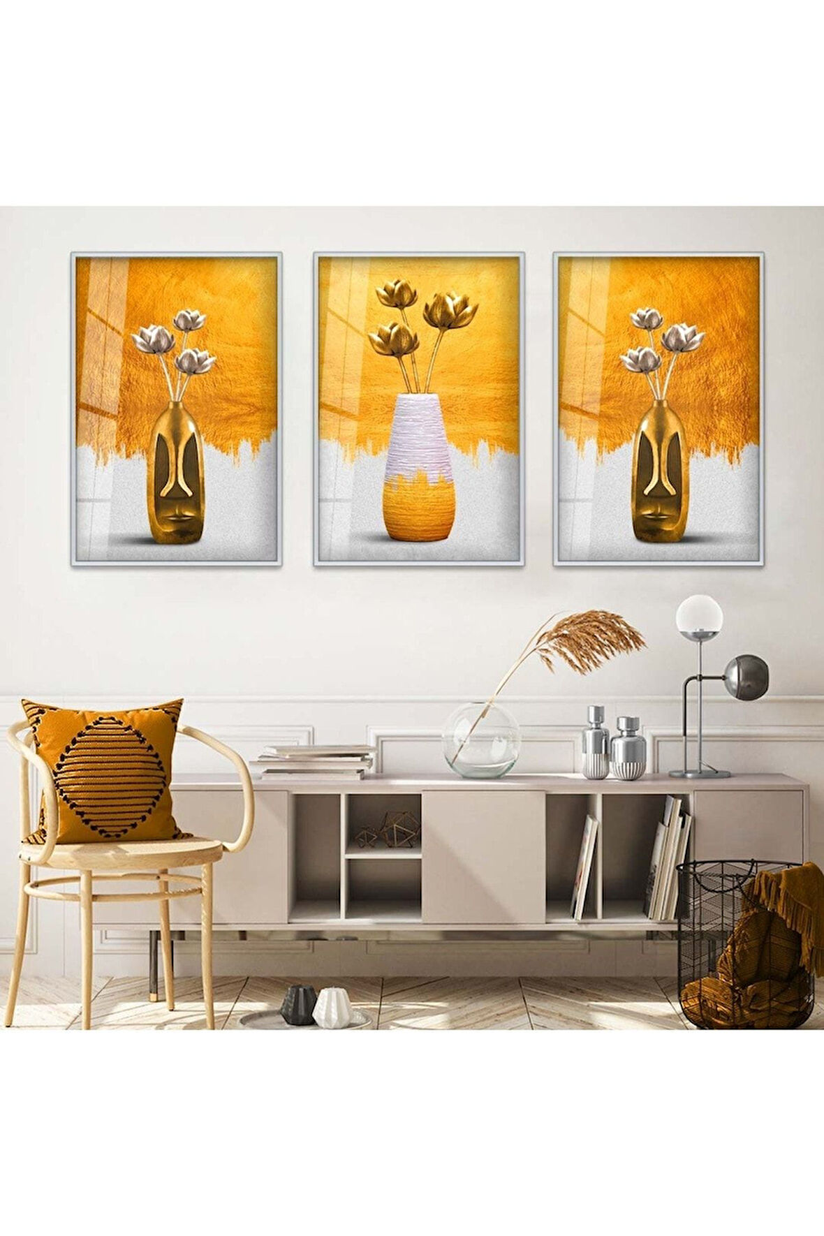 Gold Metal Çerçeveli Soyut Desen Üçlü Kırılmaz Cam Tablo Seti