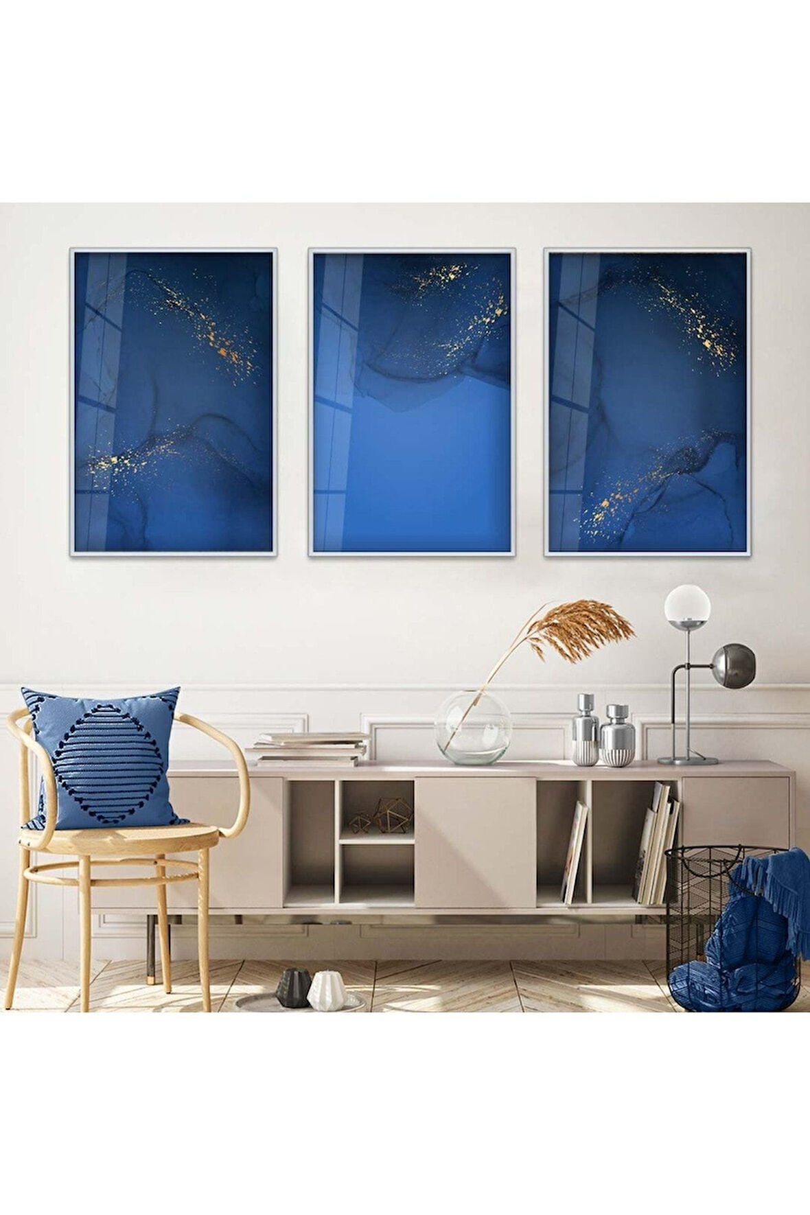 Siyah Metal Çerçeveli Mavi Soyut Desen Üçlü Kırılmaz Cam Tablo Seti