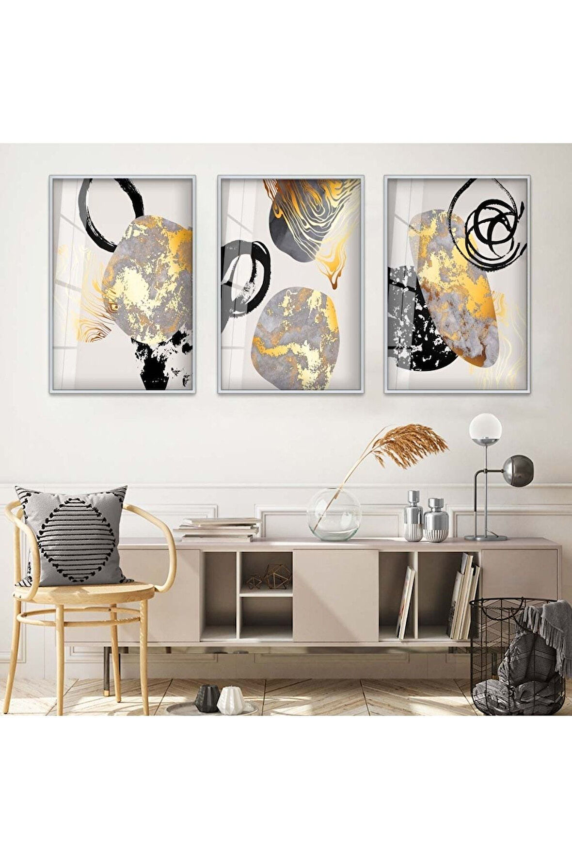 Gold Metal Çerçeveli Soyut Desen Üçlü Kırılmaz Cam Tablo Seti